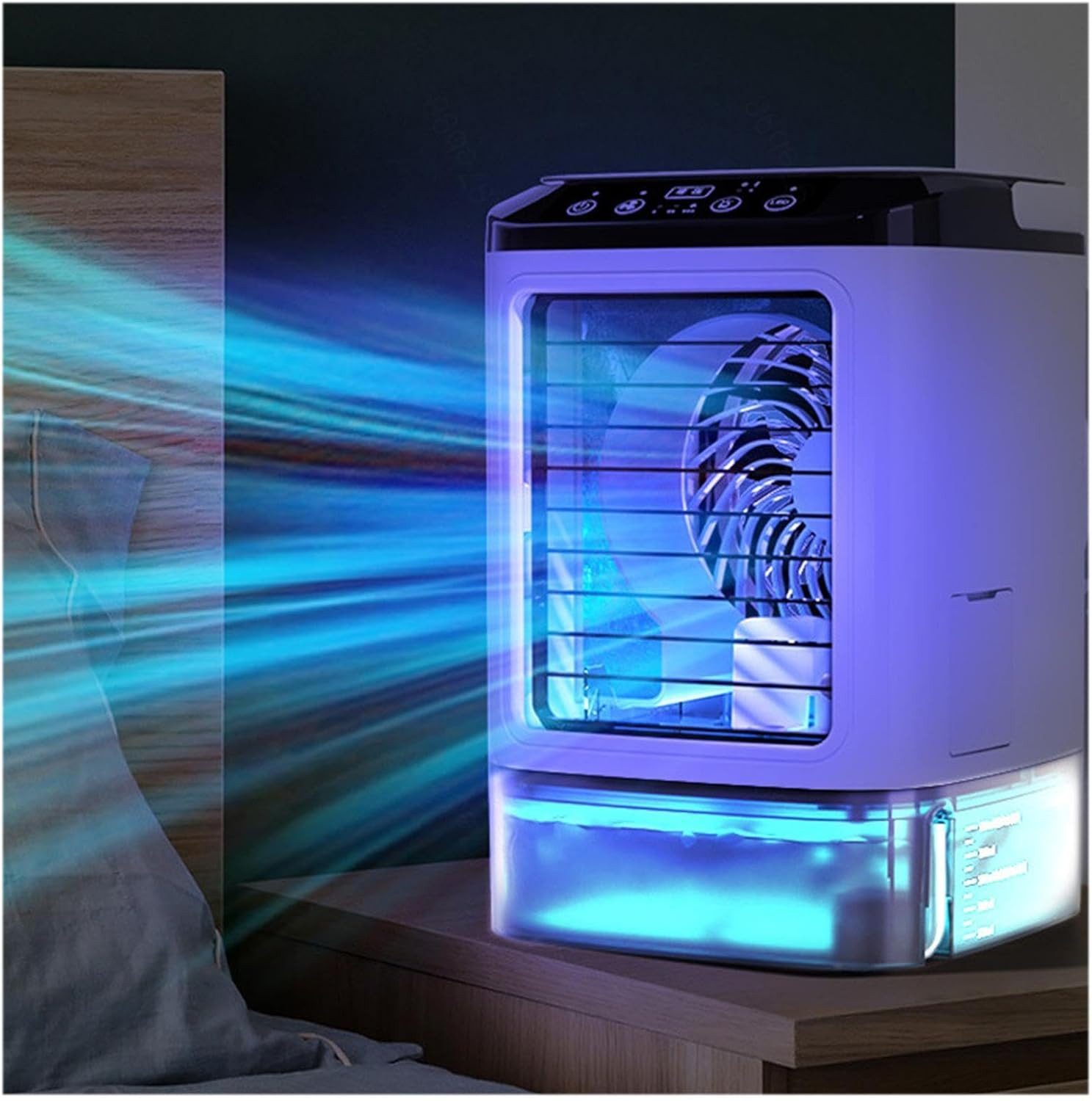 MOPUEA Ventilatorkombigerät 4-in-1 Mini Klimagerät USB Tragbar mit 900ml Tank & 7 Farben Licht, USB Betrieb 900ml Tank leise tragbar 4-in-1 Funktion
