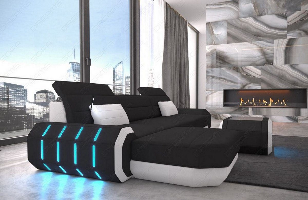 Design Dreams L Roma Mikrofaser mit Stoff Ecksofa wahlweise Stoffsofa, Bettfunktion Couch schwarz-weiß Sofa Polster Sofa M Form