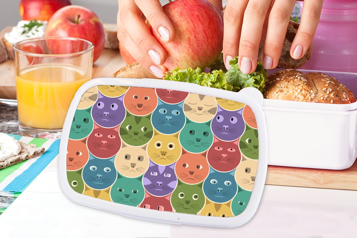 Design, - Brotdose, und Regenbogen - Jungs Erwachsene, Mädchen für weiß MuchoWow Katzen Kinder Lunchbox Brotbox und - (2-tlg), Kind für Kunststoff,