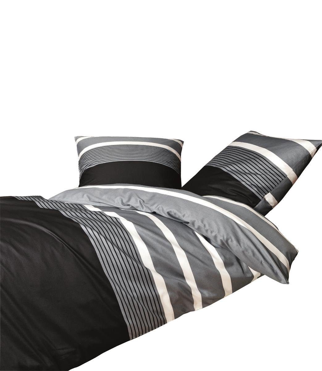 Bettwäsche Mako Satin 135x200 cm 80x80 cm Streifen silber-schwarz, Janine,  Baumolle, 4 teilig, Bettbezug Kopfkissenbezug Set kuschelig weich hochwertig