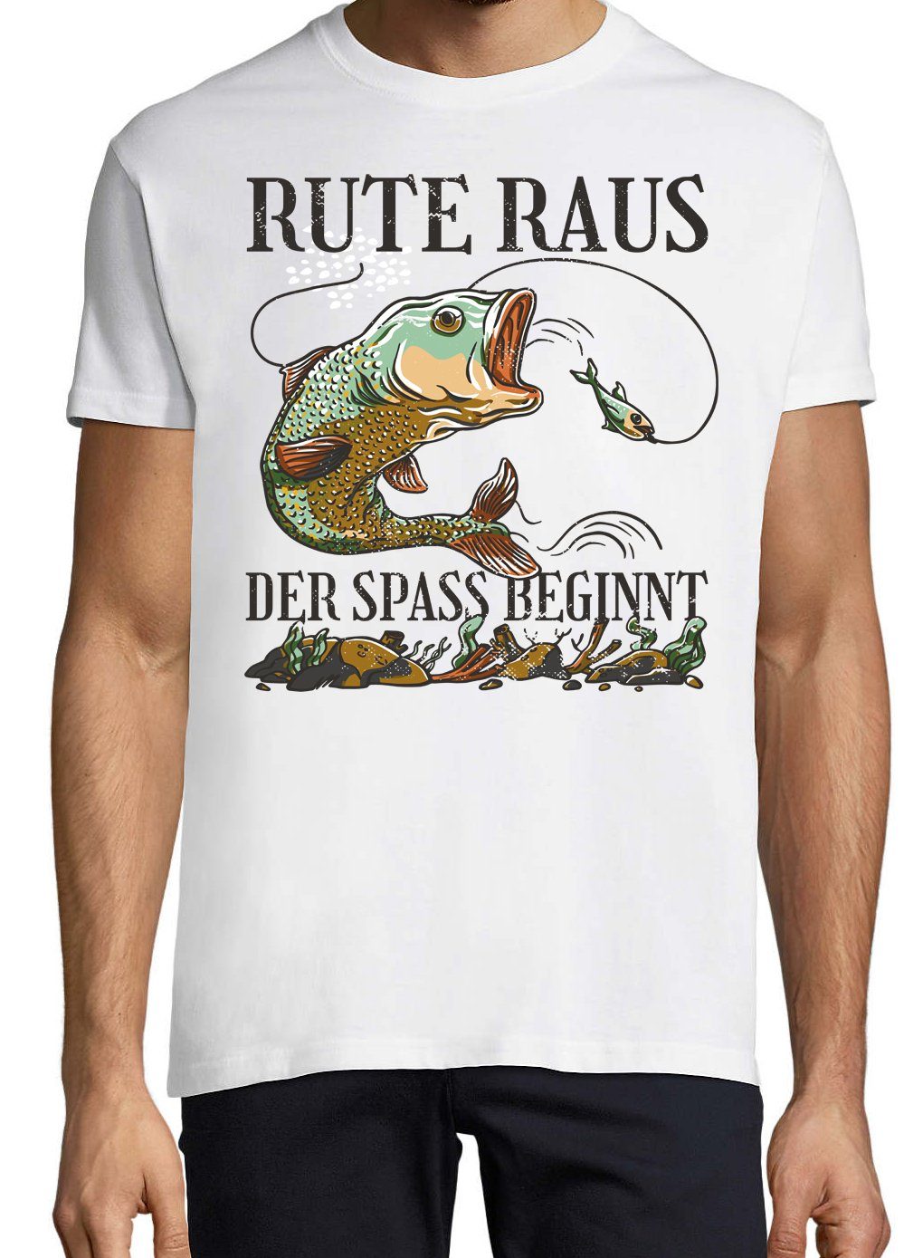 Youth Designz T-Shirt Rute Raus mit Herren Weiss Trendigem der beginnt Spass T-Shirt Frontdruck