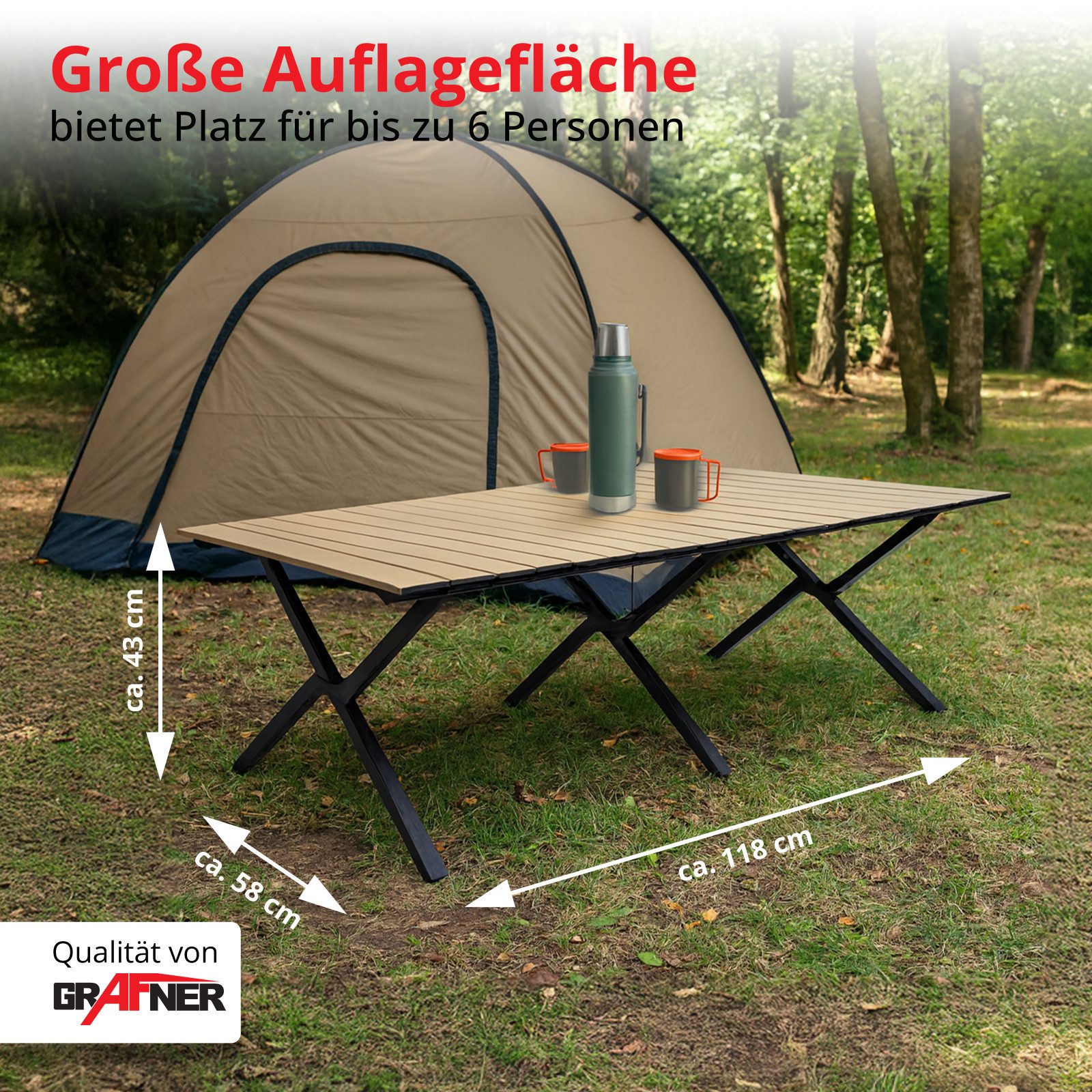 Grafner Campingtisch Rolltisch klappbar Holzoptik 118x58x43 cm inkl. Transporttasche (2-St), Robust, stabil, für bis zu 6 Personen