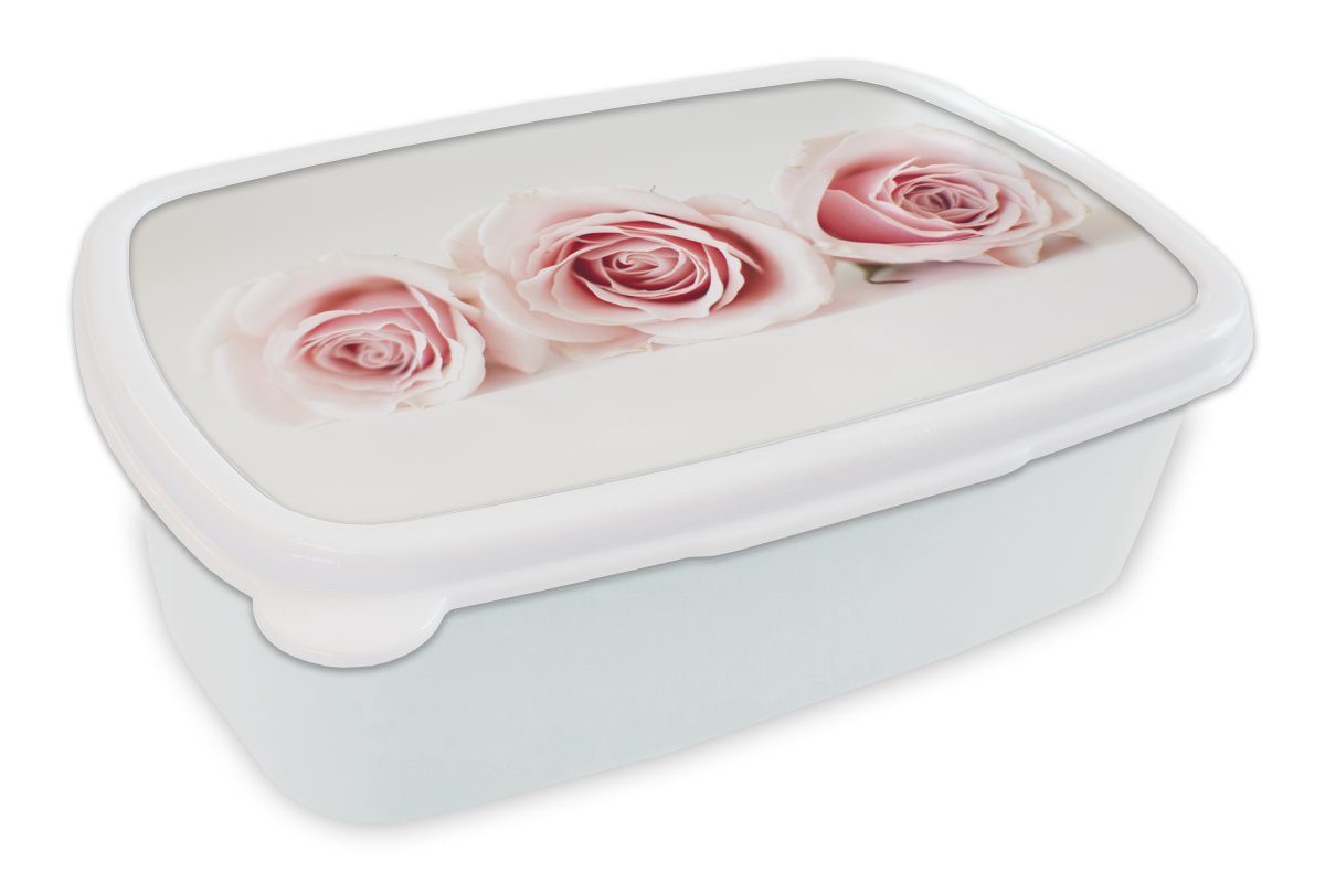 MuchoWow Lunchbox Studioaufnahme von drei rosa Rosen nebeneinander, Kunststoff, (2-tlg), Brotbox für Kinder und Erwachsene, Brotdose, für Jungs und Mädchen weiß | Lunchboxen