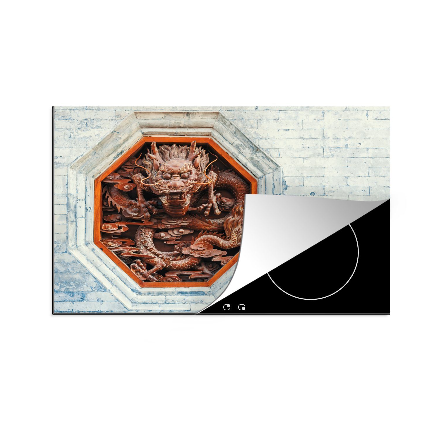 MuchoWow Herdblende-/Abdeckplatte Roter Drache im Achteck, Vinyl, (1 tlg), 81x52 cm, Induktionskochfeld Schutz für die küche, Ceranfeldabdeckung