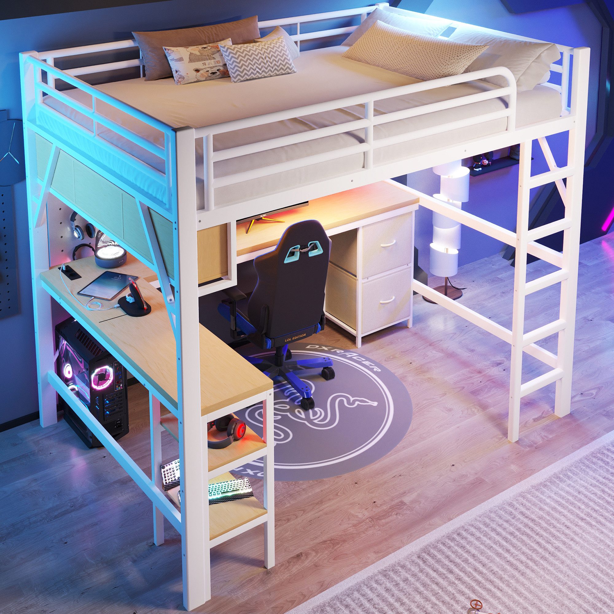 Merax Hochbett 140x200cm Metallbett mit LED-Beleuchtung & USB-Anschluss (1-St., Jugendbett Stockbett Einzelbett) Kinderbett mit Schreibtisch Bücherregal Ablagefächern Stauraum Leiter