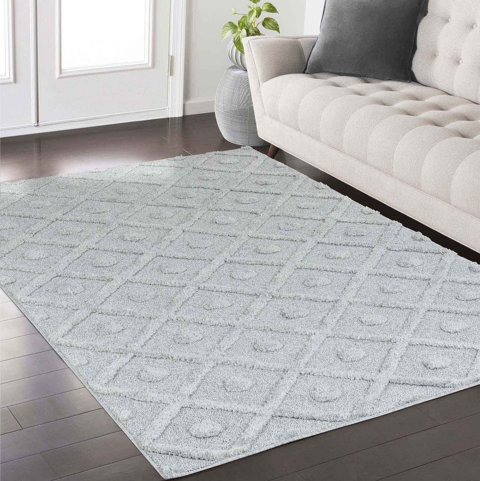 Designteppich Designerteppich Tokio hoch-tief Struktur Rauten uni, TaraCarpet, rechteckig, Höhe: 20 mm, moderner scandi BOHO grau Wohnzimmer Schlafzimmer Flur 080x150 cm