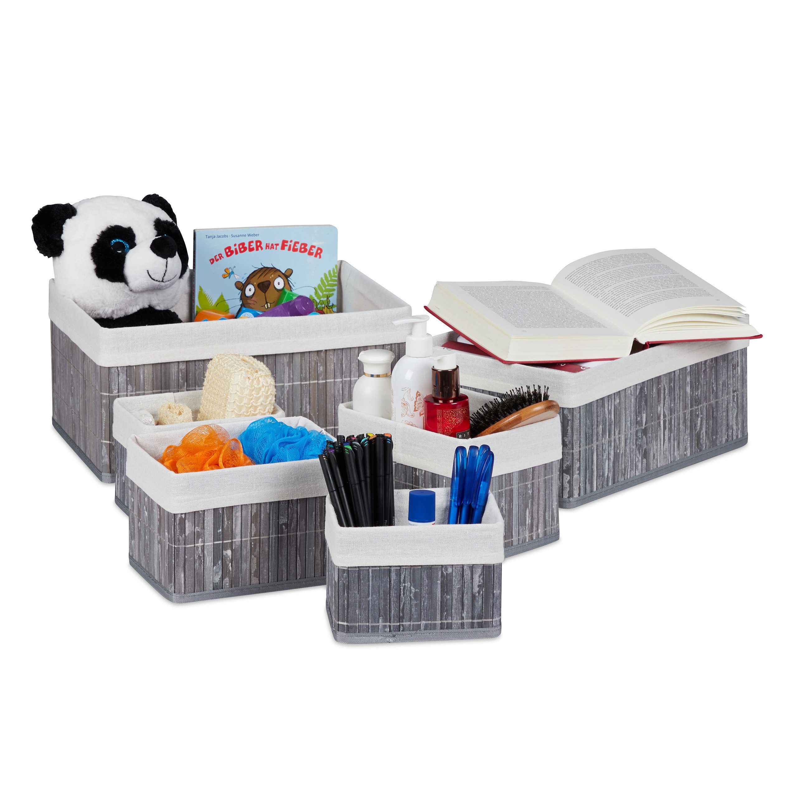 relaxdays Aufbewahrungskorb Bambus 6er Set, Grau günstig online kaufen