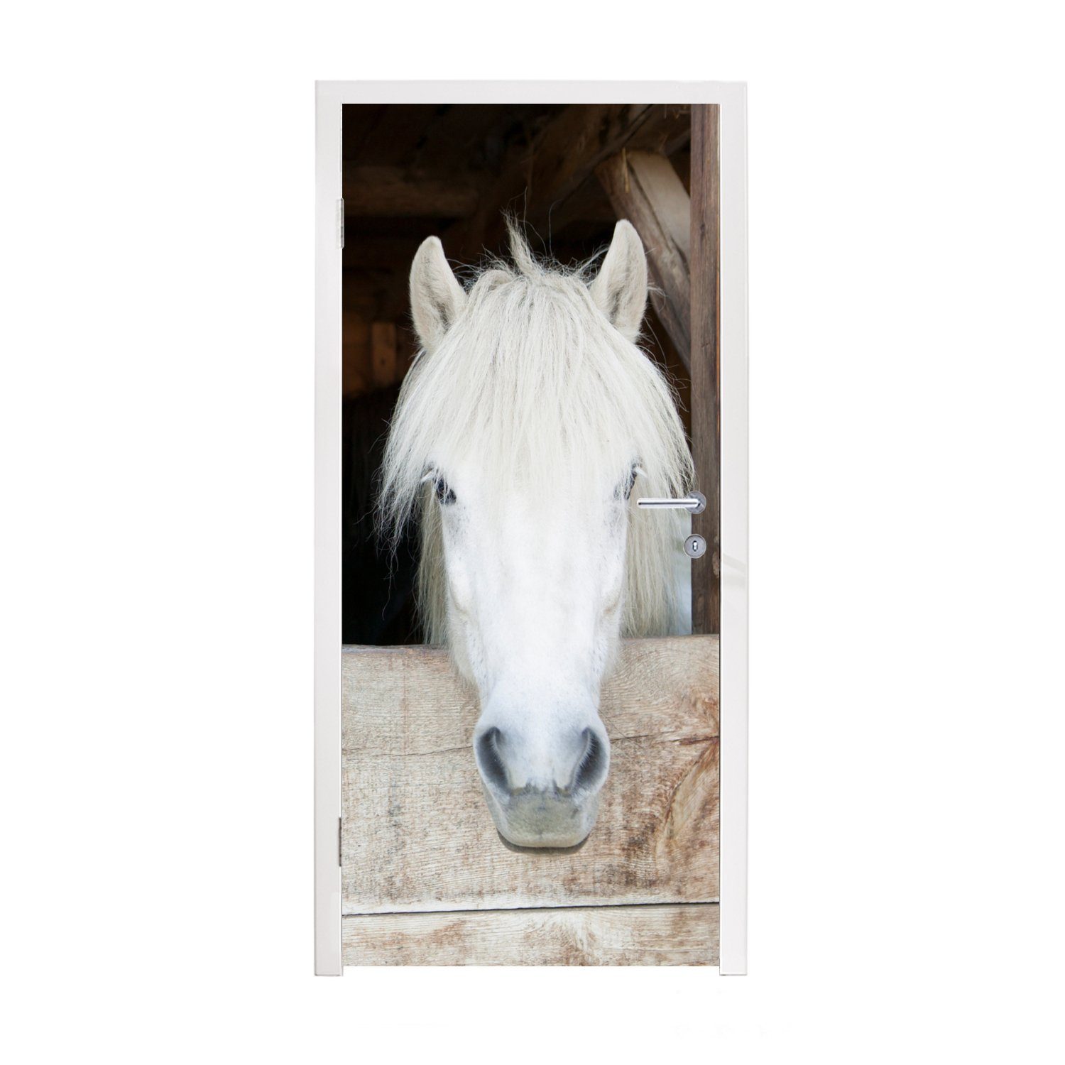 MuchoWow Türtapete Pferde - Pferdestall - Regale, Matt, bedruckt, (1 St), Fototapete für Tür, Türaufkleber, 75x205 cm