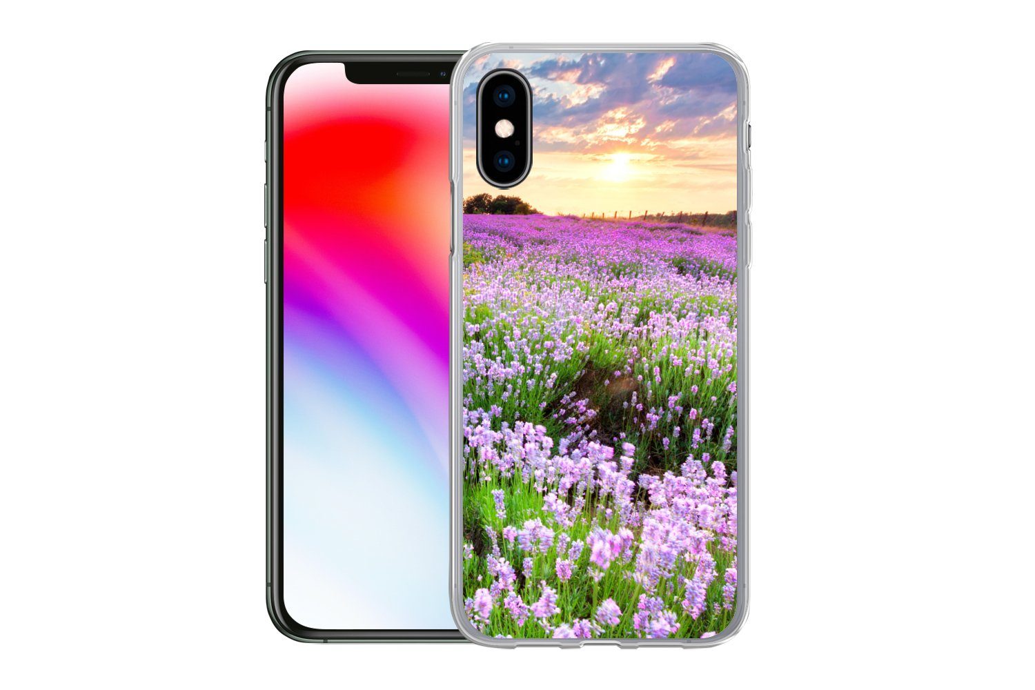 MuchoWow Handyhülle für Apple iPhone X Blumen - Lavendel - Lila - Himmel - Sonnenuntergang, Smartphone-Bumper, Print, Handy Schutzhülle Dünn