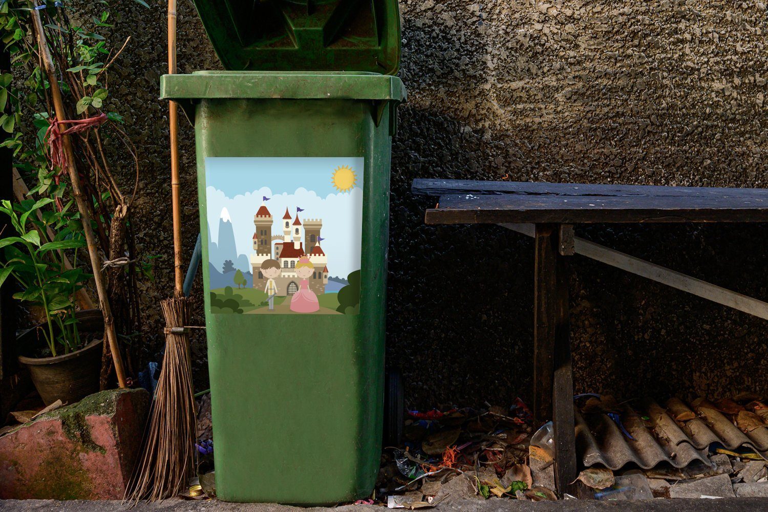 Mülltonne, Wandsticker und Abfalbehälter Mülleimer-aufkleber, Sticker, MuchoWow St), mit Eine Container, Illustration einem (1 einer Cartoon-Welt einer Prinzen