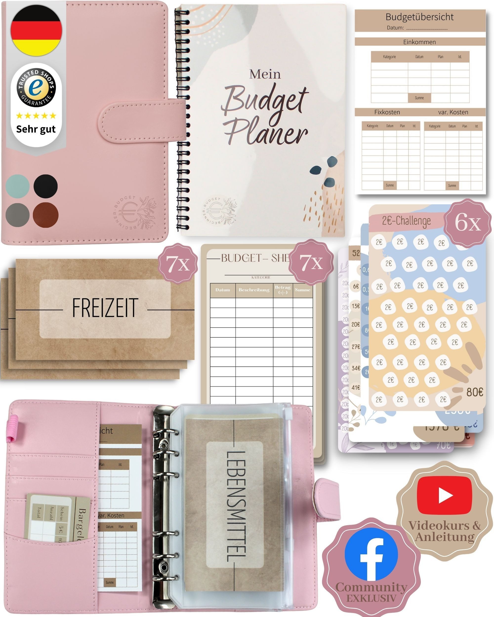 BeginnerBudget Ringbuchkalender Budget Planner & Haushaltsbuch Starter-Set: Sparbuch & Spar-Challenges, Sparen mit Umschlagmethode + Anleitung - Ringbuch - Binder A6