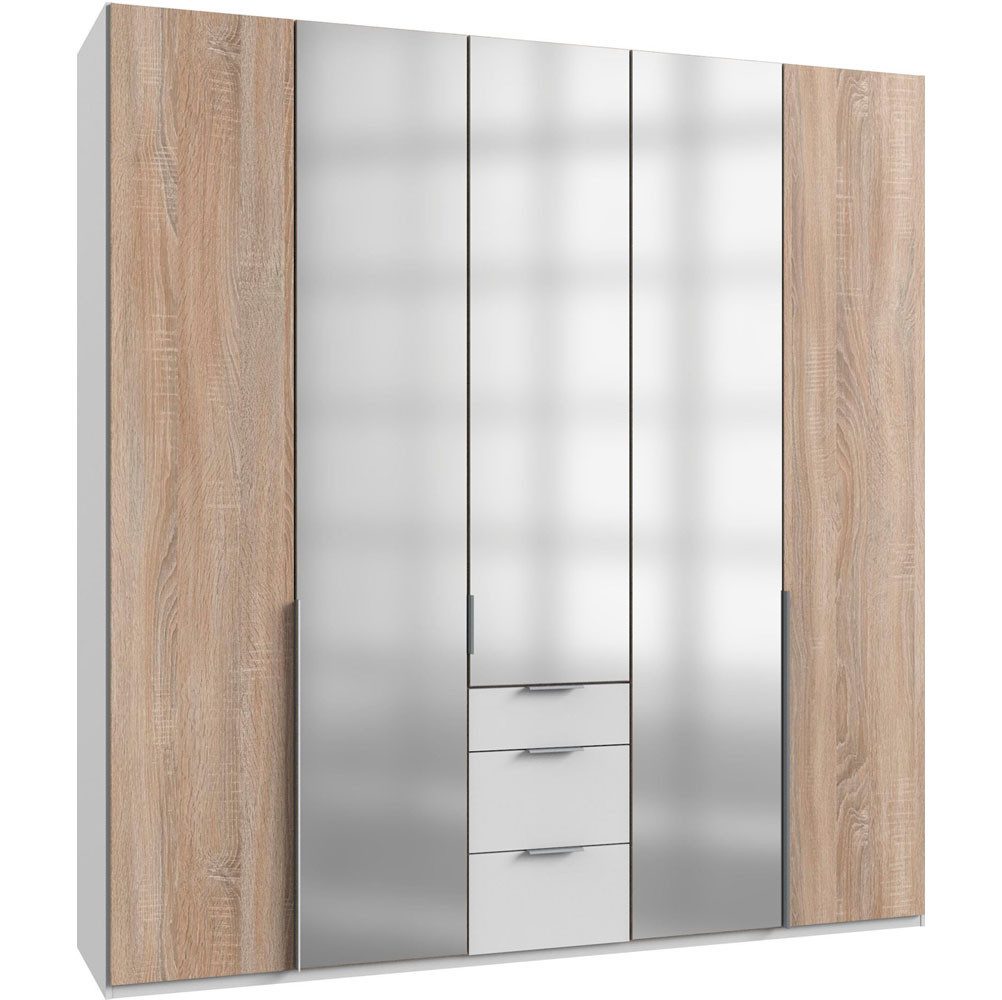 Wimex Drehtürenschrank New York (5 Türen, 3 Schubladen, 4 Einlegeböden, 2 Kleiderstangen, 1-St., moderne Optik, 5-türig, mit Spiegel) 5-türig 225x58x236cm weiß / Eiche Sägerau mit Spiegel