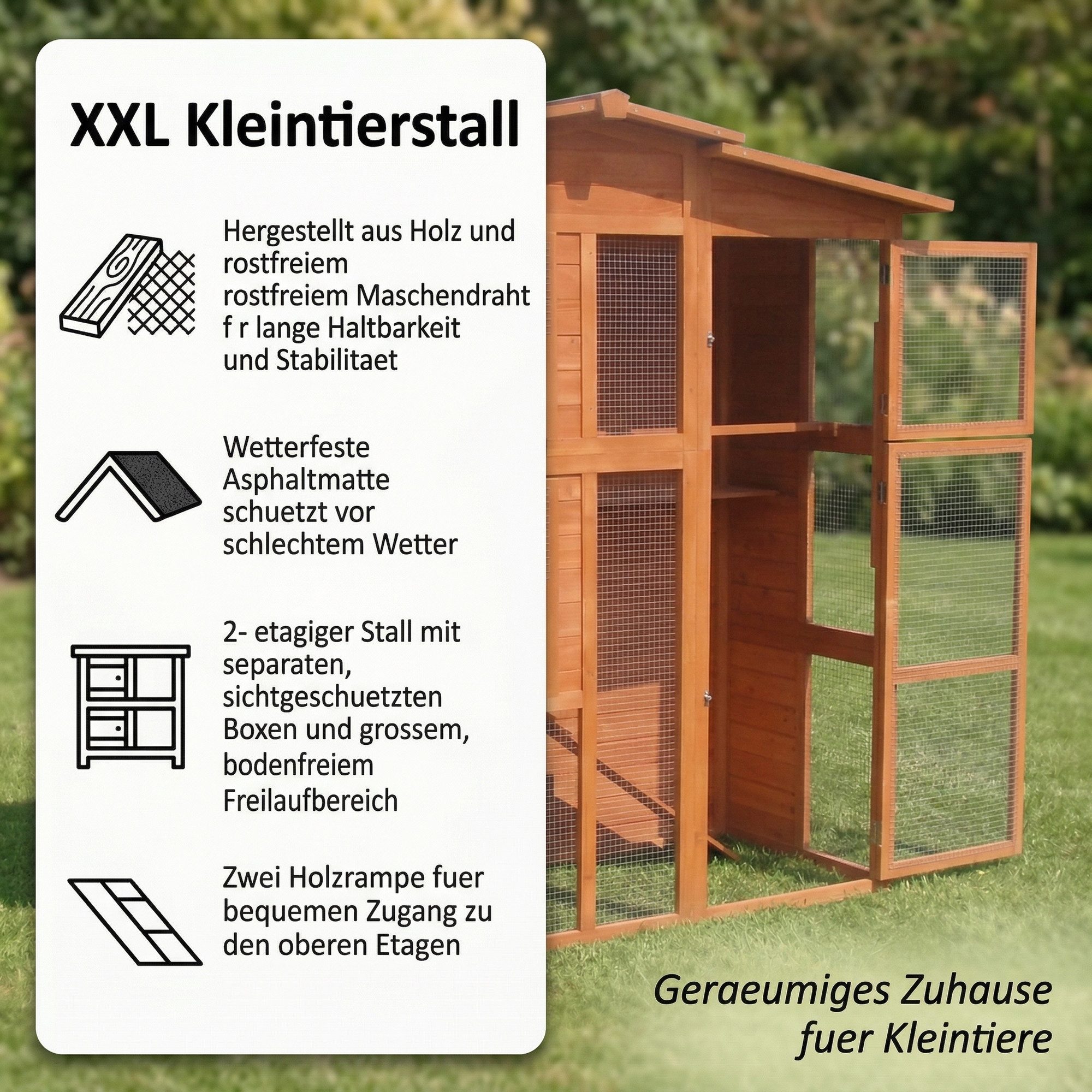 Mucola Kleintierkäfig Hühnerstall Hasenstall Kaninchenstall Freilauf Holz Hasenkäfig Haus, Länge ca.171 cm, Breite: 80 cm, Höhe ca. 166 cm, (Maße inkl. Dach)
