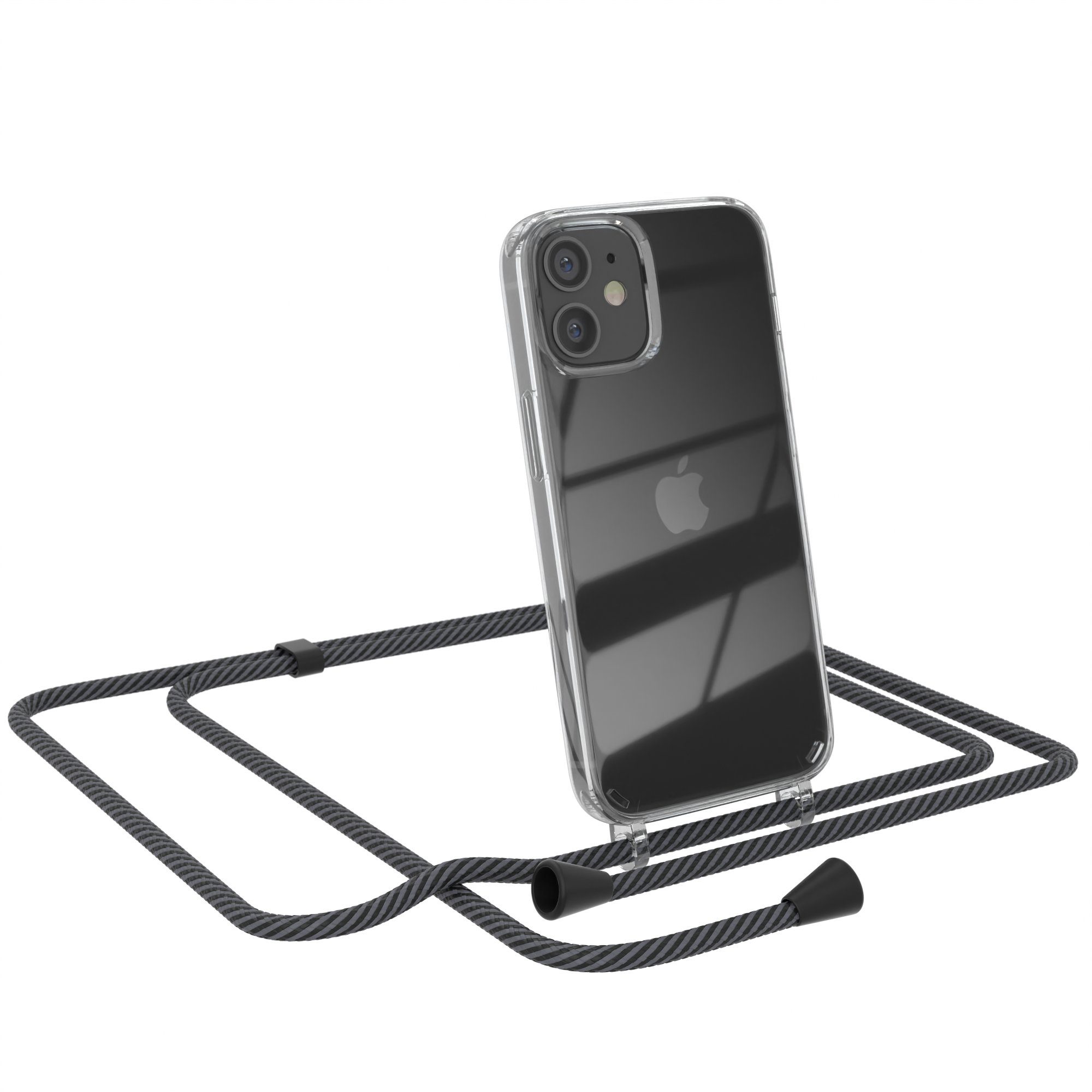 EAZY CASE Handykette Kette Clips Schwarz für Apple iPhone 12 Mini 5,4 Zoll, Handykette mit Schnur Cross Bag für Mann Frau Festivalbag Grau Schwarz