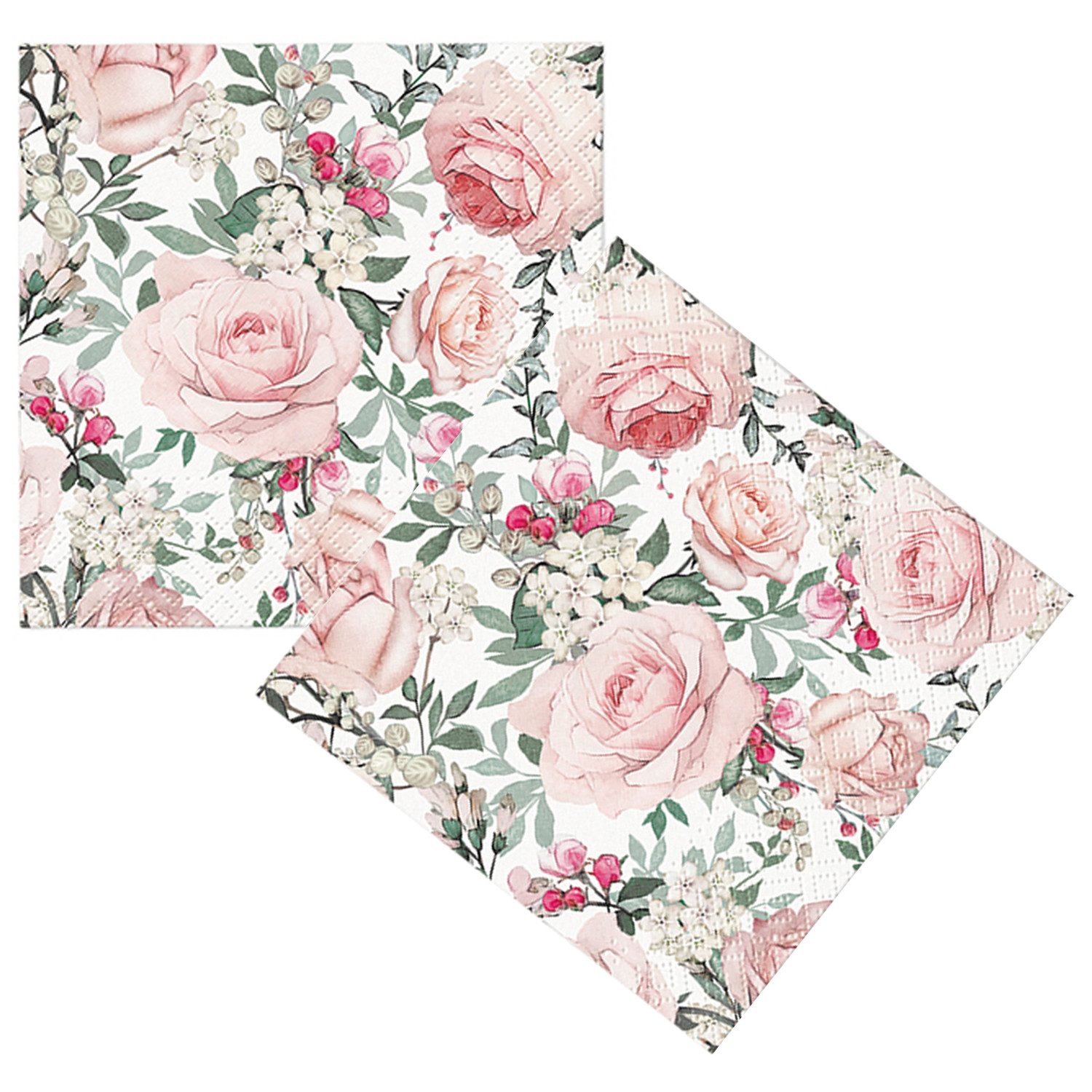 Macosa Home Papierserviette Rosen 33 cm od. 25 cm Tischdeko Blumen Servietten, (40 Stück Blumen Muster, Cocktailservietten Partyservietten Einweg), Motiv Grün Rosa Tisch-Deko Einwegservietten