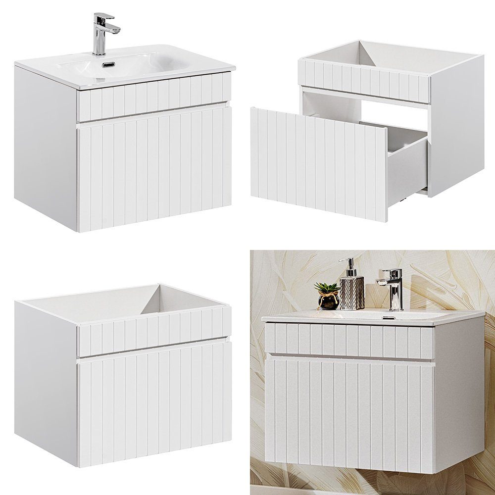 Lomadox Badmöbel-Set IRAKLIO-56, (Spar-Set, 3-St), weiß matt LED-Spiegel und Hochschrank 115/200/46 cm