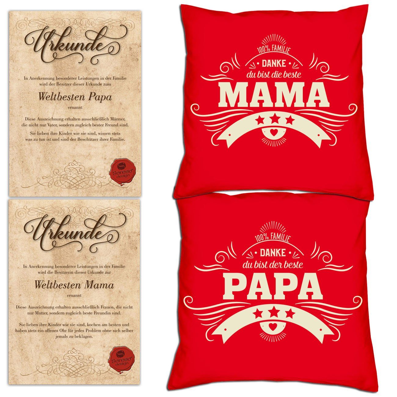 Soreso® Dekokissen Kissen-Set Danke Papa Danke Mama mit Urkunden, Weihnachtsgeschenk für Eltern rot