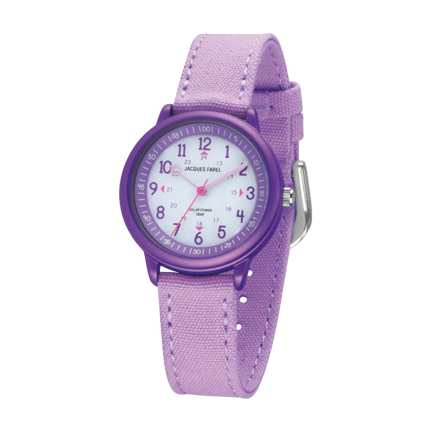 Jacques Farel Solaruhr ORSO Kinder Armbanduhr Solar Baumwollband, analog nachhaltig Geschenkidee Einschulung Kids Ø 30 mm