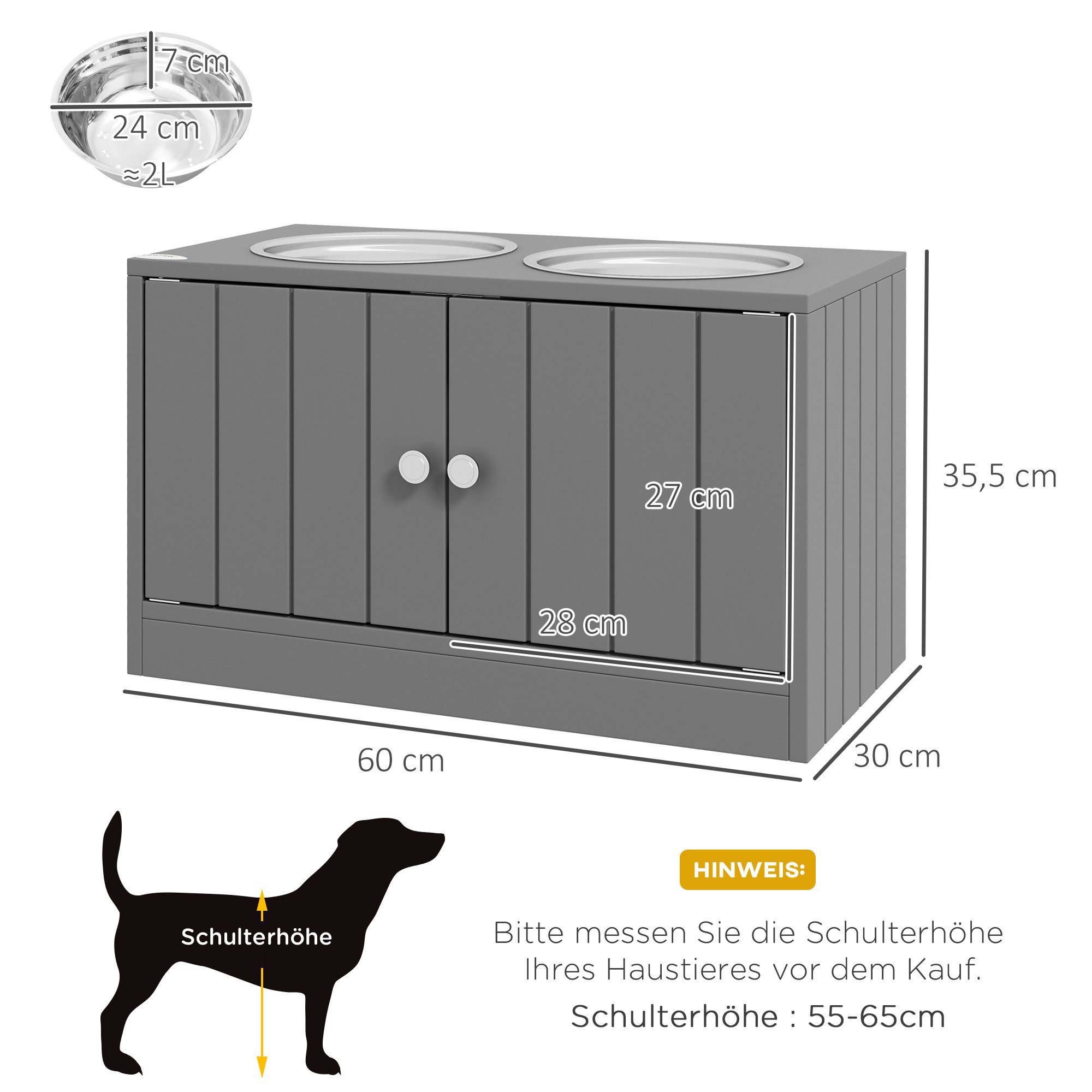 PawHut Futternapf Erhöhter Hundenapf mit Stauraum 2 x 2000ml Fressnapf, Edelstahl, Wassernapf für große Hunde, Grau