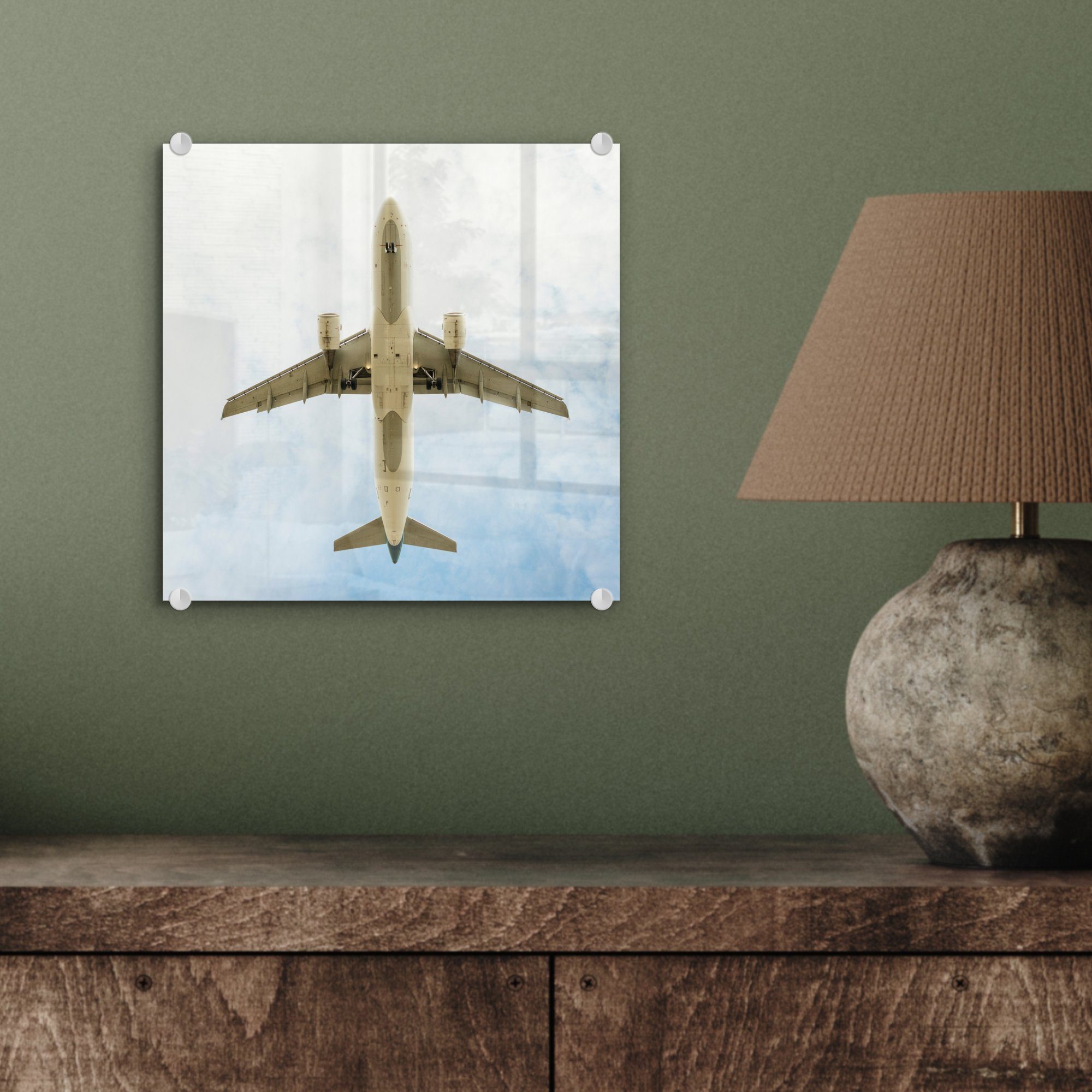 (1 Glas Bilder Ansicht - Flugzeugs - MuchoWow von Wanddekoration Wandbild Glasbilder unten, Glas - auf Acrylglasbild Foto auf eines St),