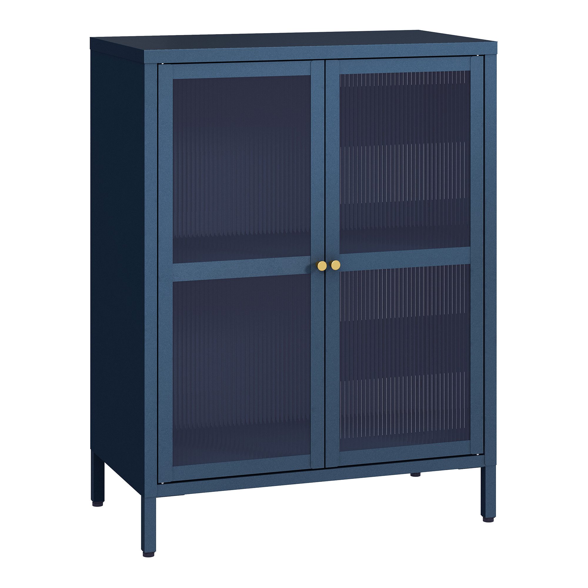 en.casa Sideboard, »Säkylä« Stahl mit 2 Glastüren geriffelt 84x64x35 cm Navyblau