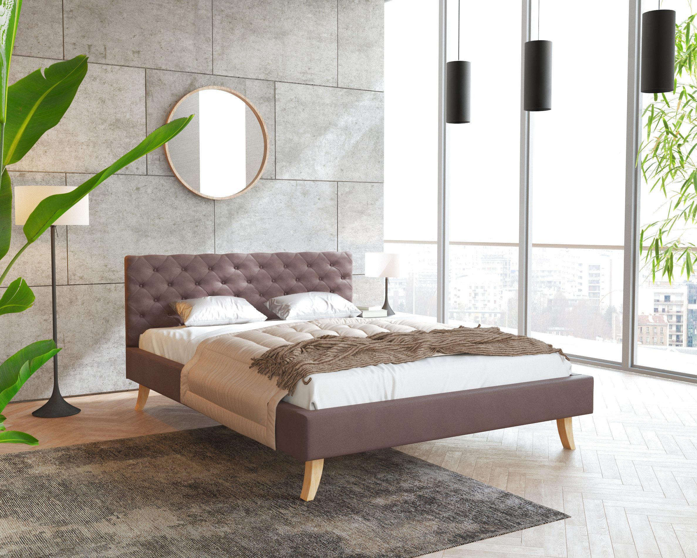 thematys Polsterbett mit Füßen – Velours Bettgestell 120x200–180x200 – inkl. Lattenrost - (modernes Design mit gepolstertem Kopfteil – optional mit Matratze, mit großen gepolsterten Kopfteil aus hochwertigem Veloursstoff), Holzrahmen mit Lattenrost