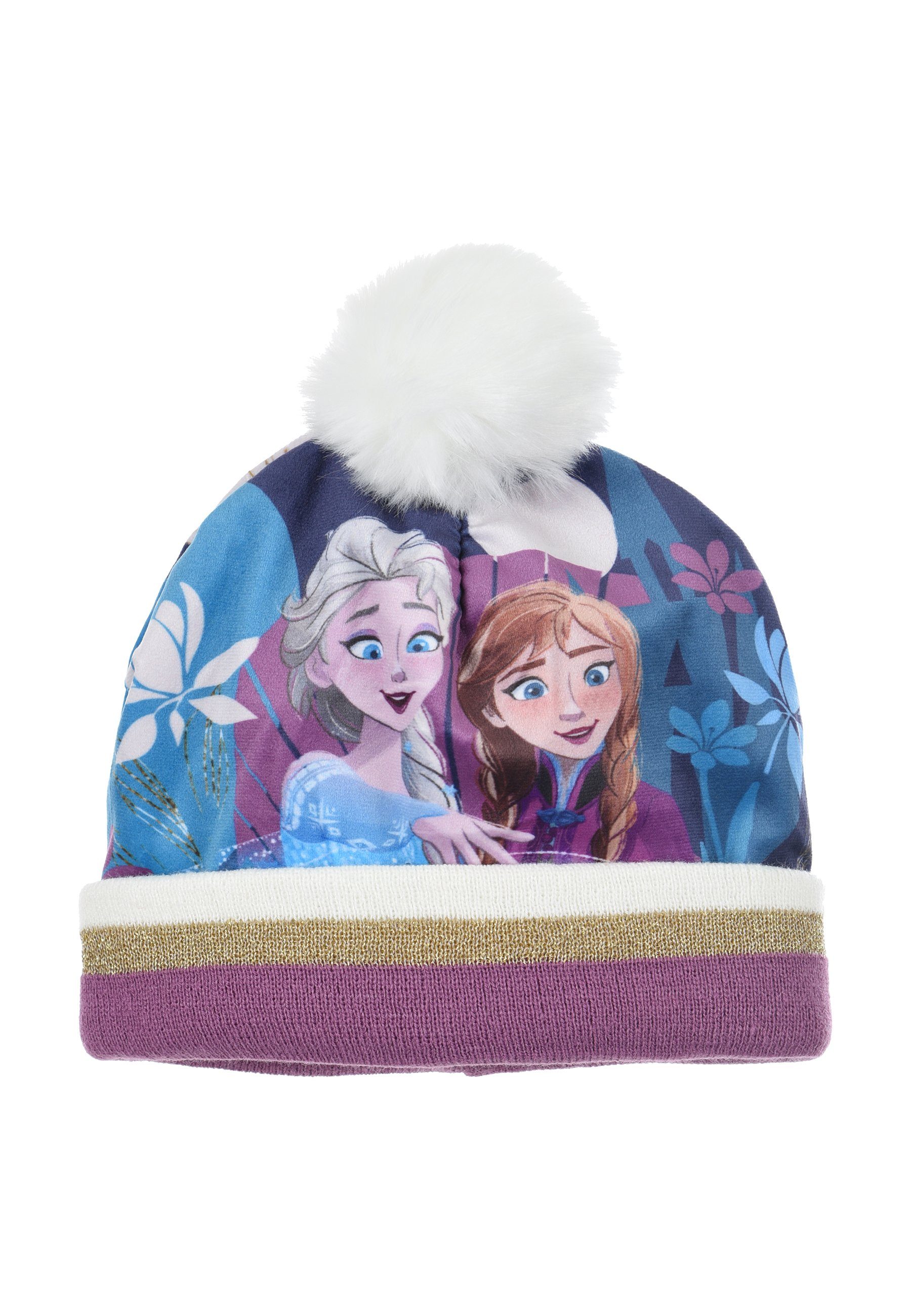Disney Frozen Bommelmütze Bommelmütze Mädchen Elsa Lila Eiskönigin Kinder Winter-Mütze