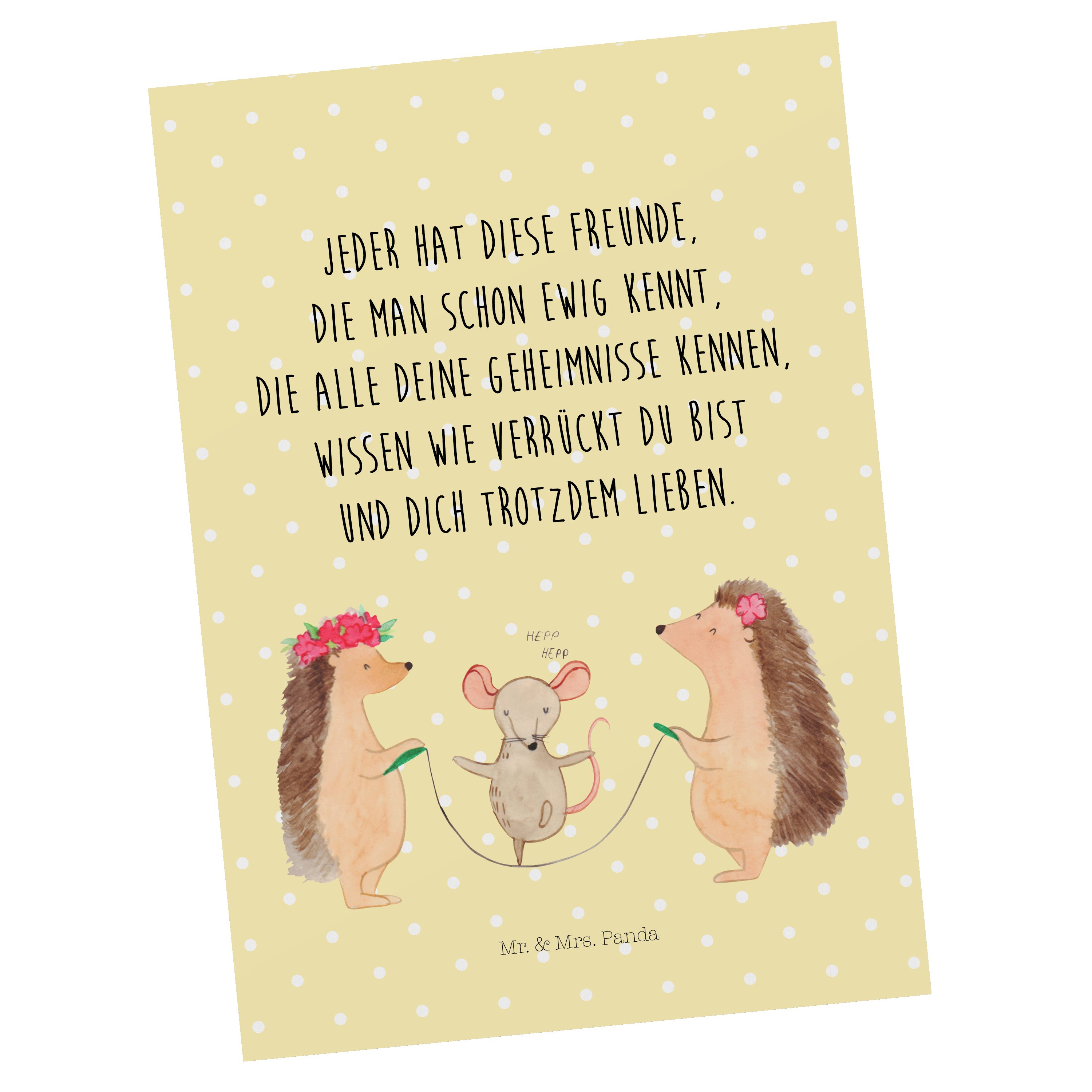 Mr. & Mrs. Panda Postkarte Igel Seilhüpfen - Gelb Pastell - Geschenk, Einladung, Seilspringen, G