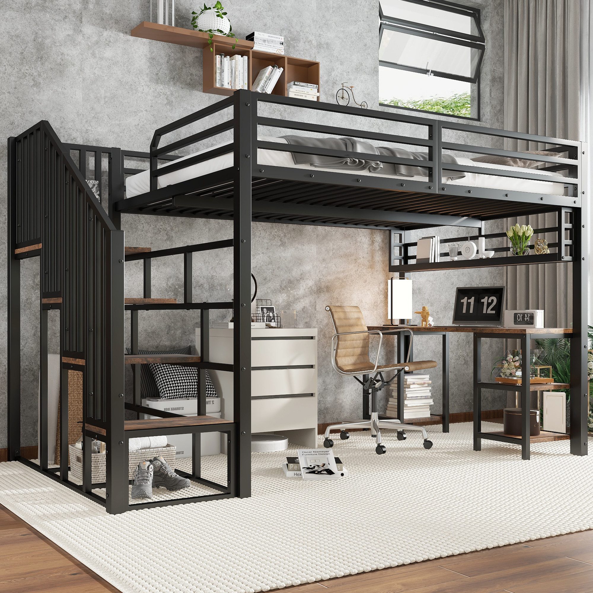 Merax Hochbett 120x200cm mit integriertem Schreibtisch & stabilen Lattenrosten (1-St., Jugendbett Einzelbett) Metallbett Kinderbett mit Treppen, Handläufen & Au – Bild 4 von 5