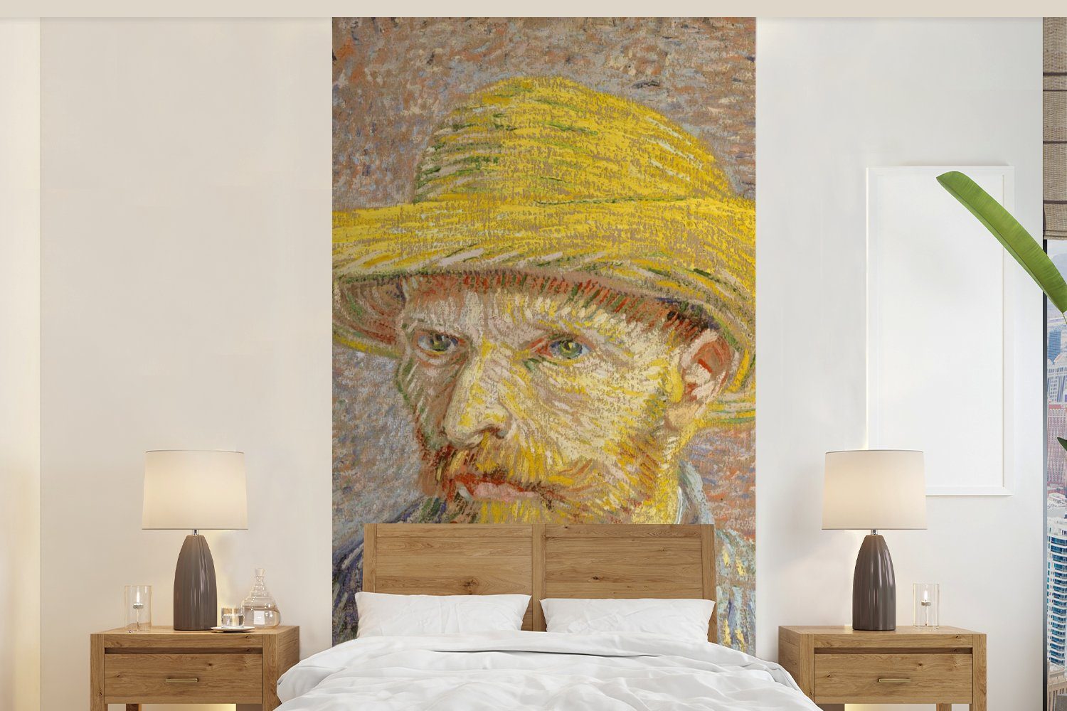 MuchoWow Fototapete Selbstbildnis mit Strohhut - Vincent van Gogh, Matt, bedruckt, (2 St), Vliestapete für Wohnzimmer Schlafzimmer Küche, Fototapete
