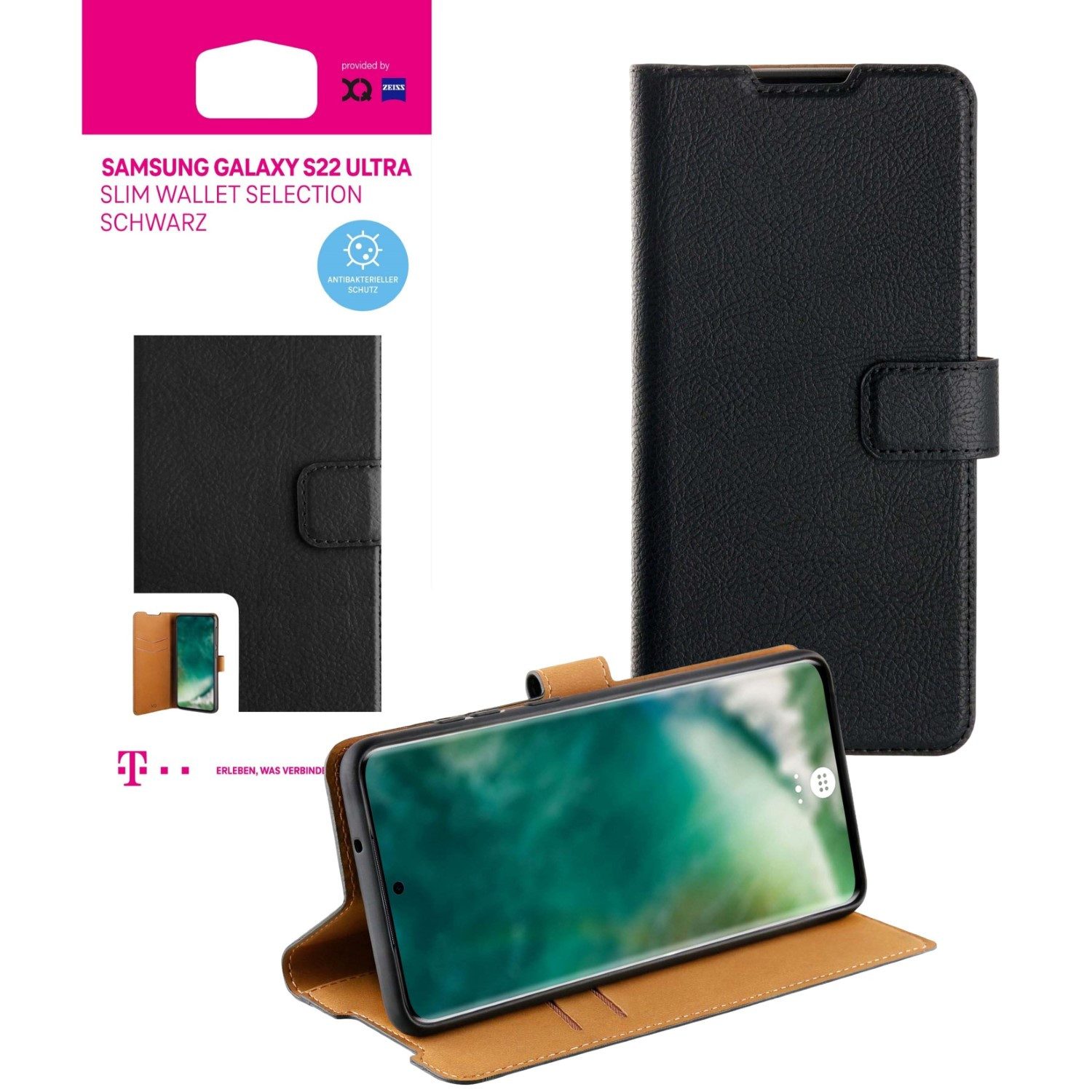 XQISIT Handyhülle Slim Wallet Selection Klapp-Tasche Cover Schwarz, Smart Schutz-Hülle Case für Samsung Galaxy S22 Ultra