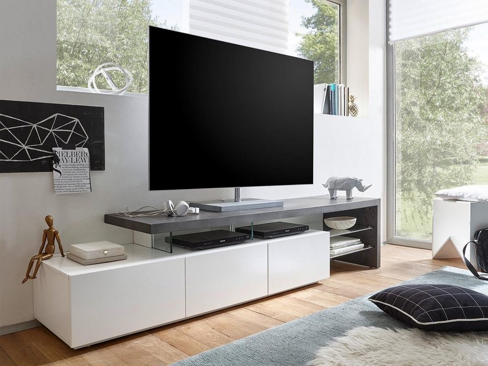 möbelando TV-Board Aloa, Modernes TV-Lowboard aus MDF in Beton-Nachbildung  und matt weiß lackiert mit 3 Schubkästen und 2 Glasböden (klarglas),  Belastbarkeit max 40 kg (Oberboden) Breite 204 cm, Höhe 44 cm, Tiefe 40 cm