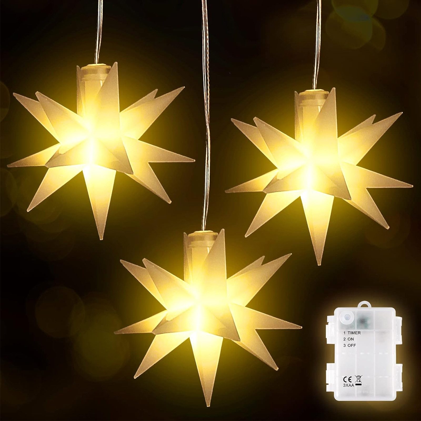 Salcar LED-Lichterkette 3D LED Weihnachtsstern Beleuchtet LED Explodierende Sterne 3er/6er, 3D Leuchtstern Weihnachten Fenster Outdoor Weihnachtsdeko Warmweiß