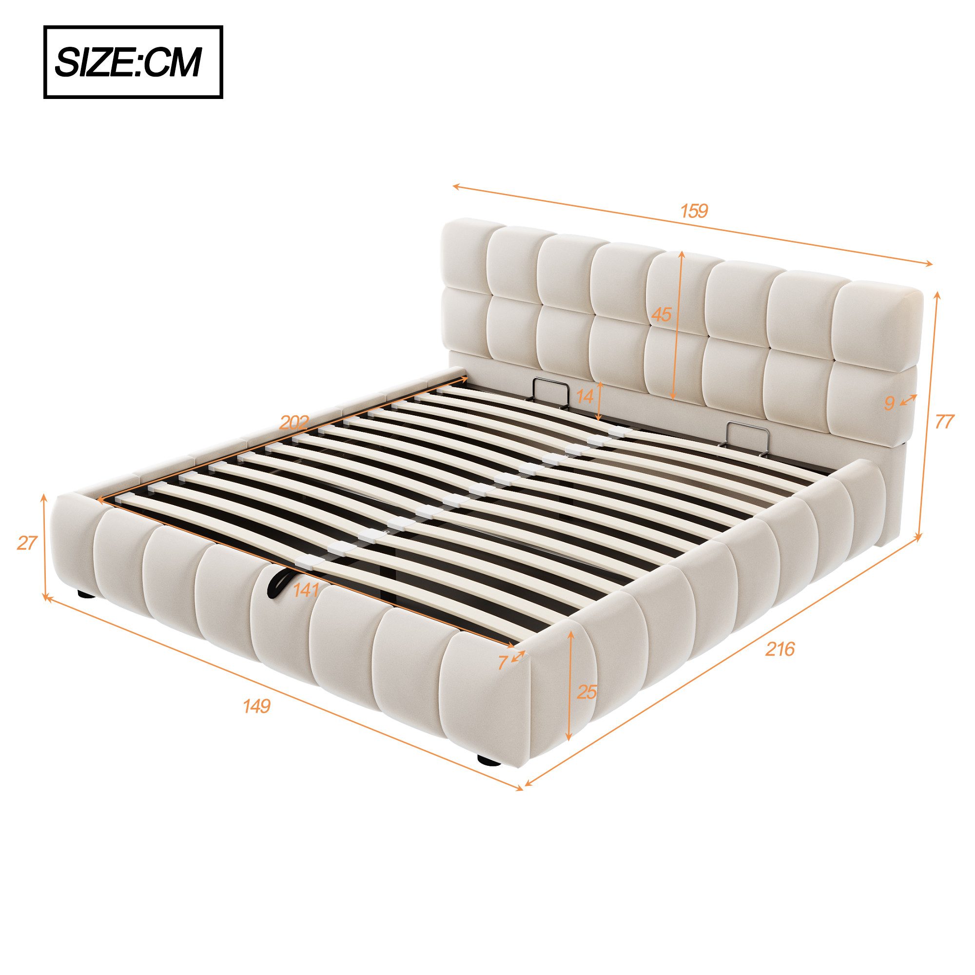 Merax Polsterbett 140x200cm mit hydraulischer Stauraum (1-tlg), Doppelbett mit Kopfteil & Samtbezug, Mehrzweckbett Stauraumbett – Bild 5 von 5