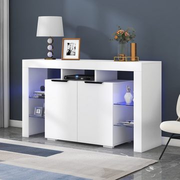 REDOM Sideboard Hochglanz-LED-Sideboard (Buffetschrank mit 4 Glasböden und 2 Tür, Lowboard Servertisch mit LED-Leuchten)