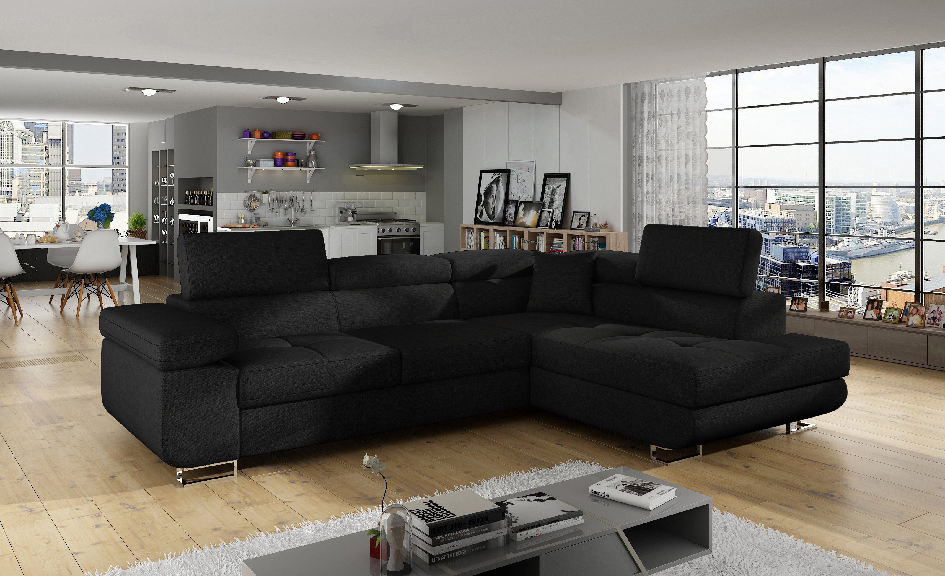 yourhouse24 Schlafsofa Rechts Links 14 ANTON Sawana Wohnlandschaft Schwarz – Couch Ecksofa L-form Bettkasten