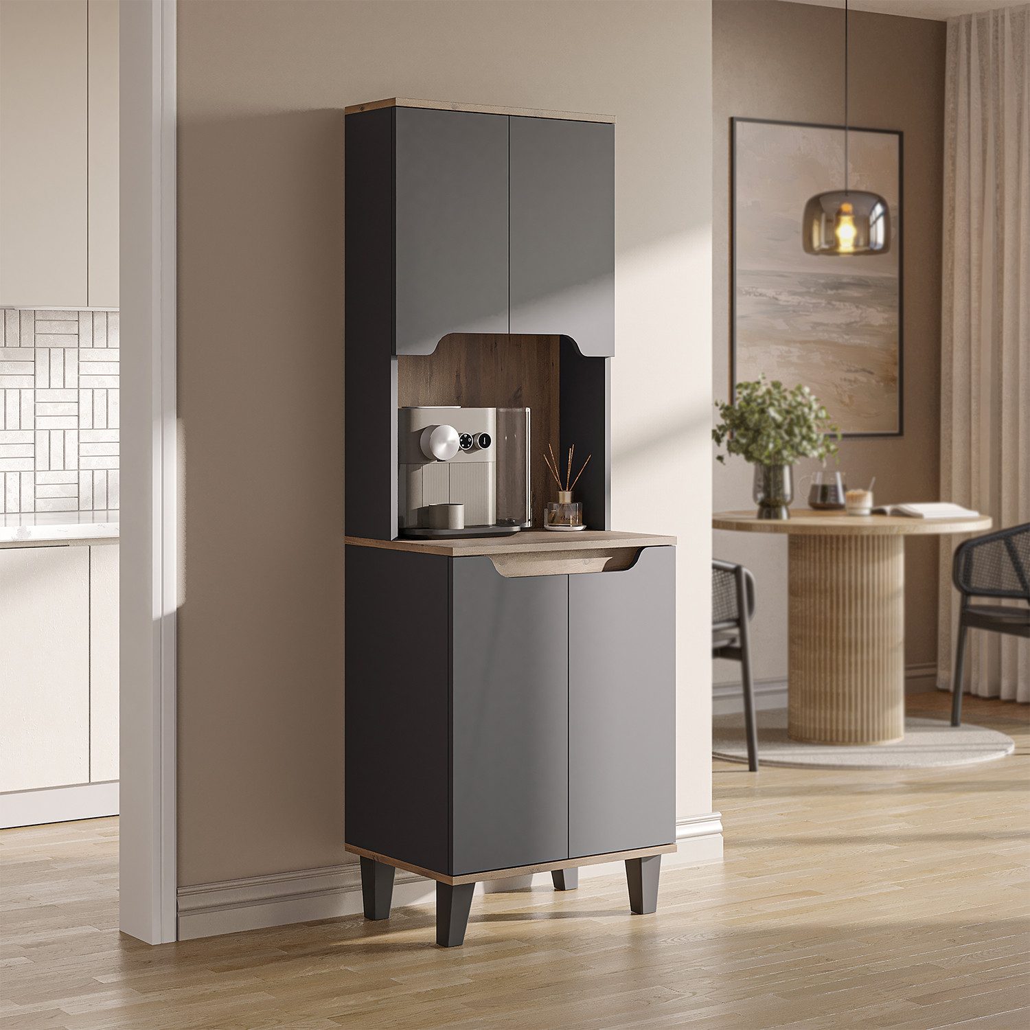 Roomart Küchenbuffet DEFNE mit Nische Kaffeebar Mikrowellenschrank Vorratsschrank, 5 Farben Offene Nische für Kaffeemaschine, 4 Türfächer