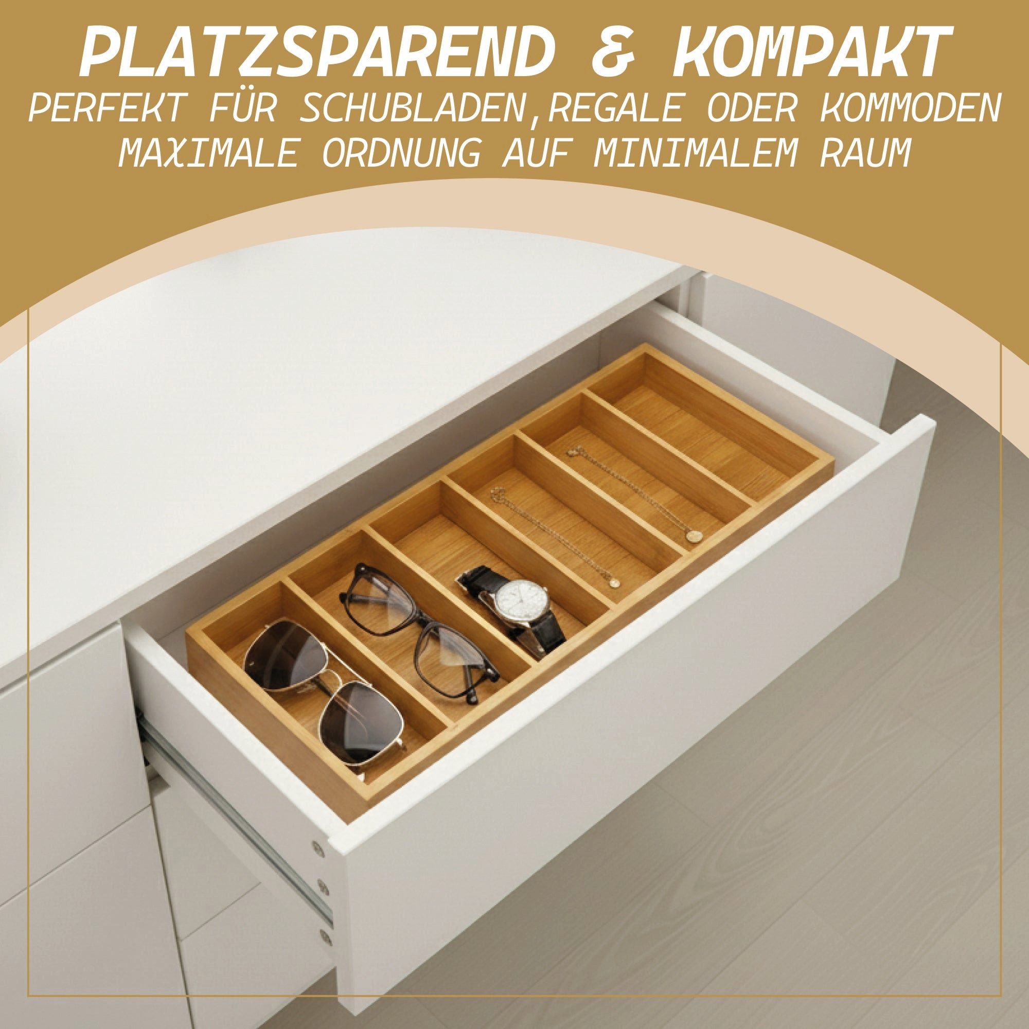 Kibun Organizer Brillen & Office Organizer aus Bambus mit 6 Fächern (40x17x4 cm, 1 St., Flache Sonnenbrillen Aufbewahrungsbox), Schreibtisch Ordnungssystem – Bild 3 von 5