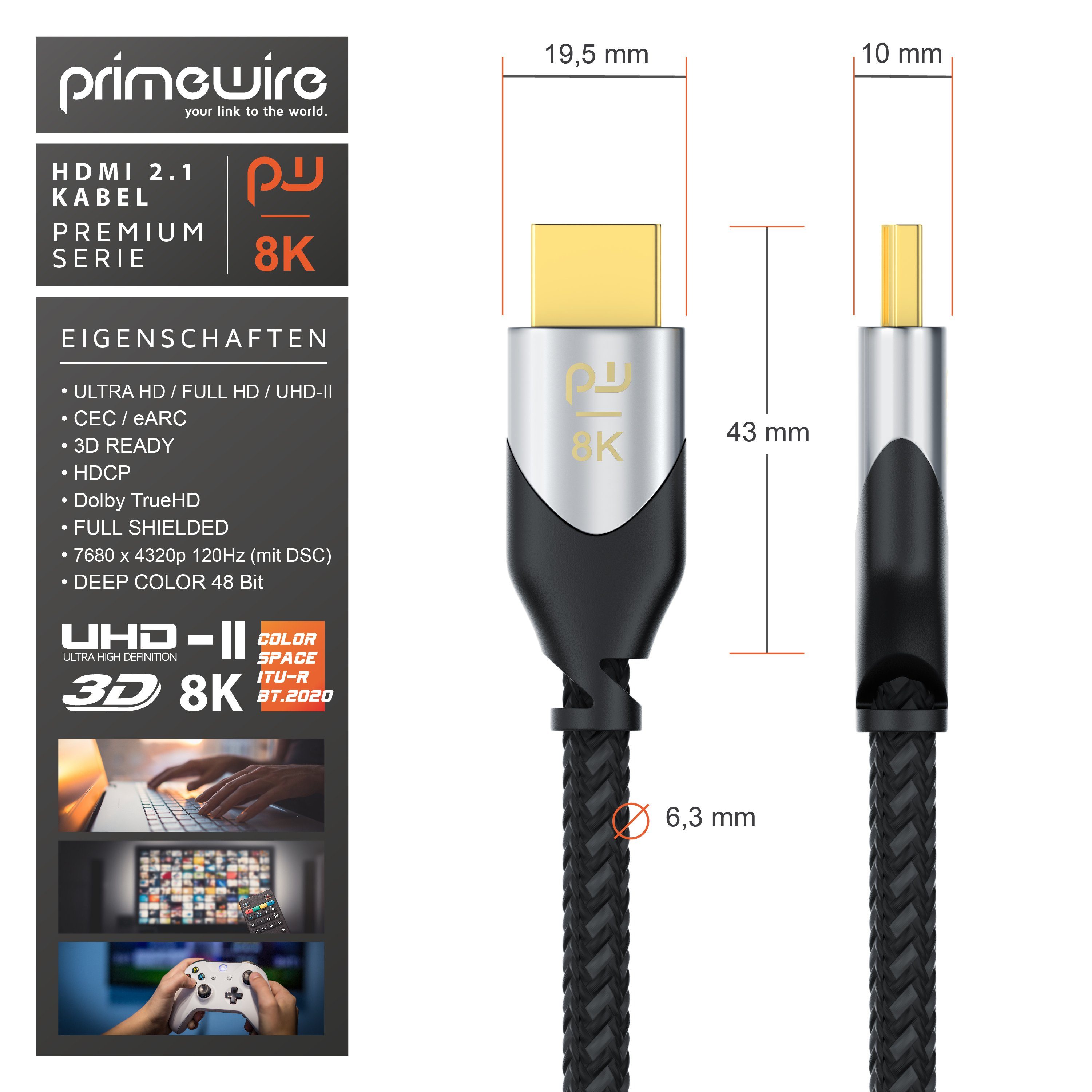 Primewire Ultra High Speed 8K HDMI Kabel 2.1, Stoffummantelung HDMI-Kabel, 2.1, HDMI Typ A (200 cm), UHD, Ethernet, 8K @ 120 Hz, 4k @ 240 Hz, 3D TV, eARC, HDR10 – Bild 3 von 5