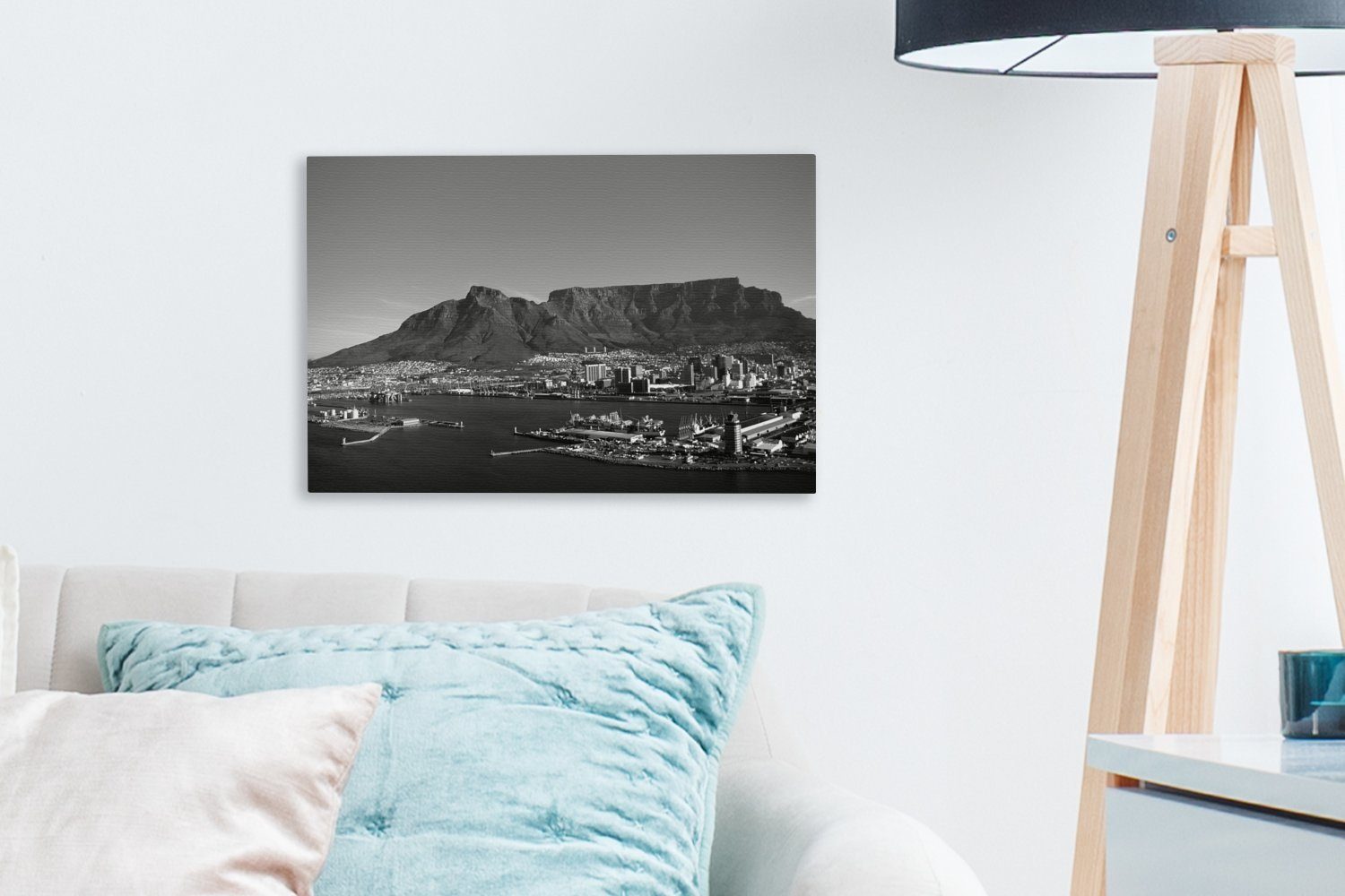 im OneMillionCanvasses® dem weiß, Leinwandbilder, und mit St), Hintergrund - Aufhängefertig, Kapstadt (1 cm schwarz Wandbild Tafelberg Leinwandbild 30x20 Wanddeko,