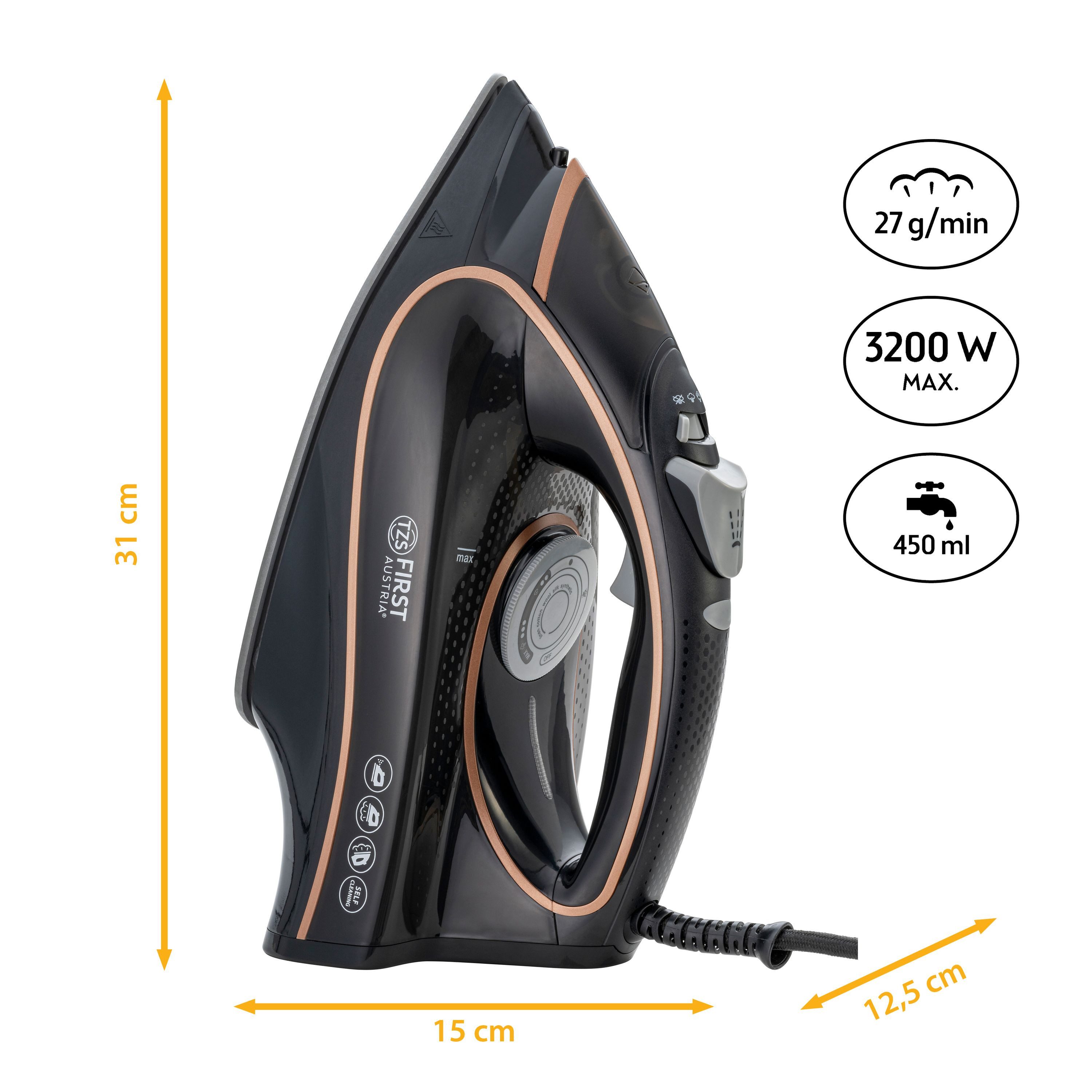 TZS FIRST AUSTRIA Dampfbügeleisen Bügeleisen, verstellbare Temperatur, 3200 W, Anti-Kalk-System, 3200 W, Keramiksohle, 450 ml Wassertank und 27gr/Min, Weiß