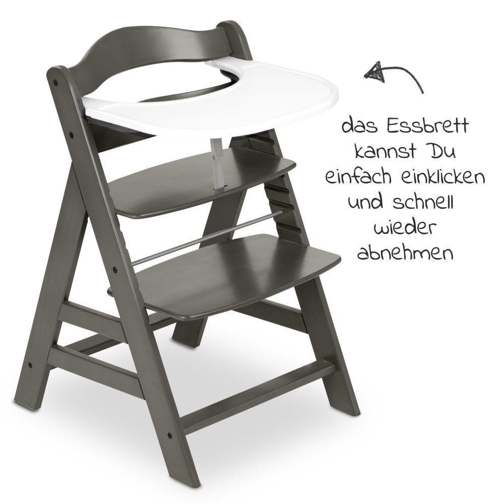 Hauck mit Plus Essbrett, Alpha Kinderhochstuhl Holz Hochstuhl mitwachsend Sitzkissen verstellbar, Charcoal,