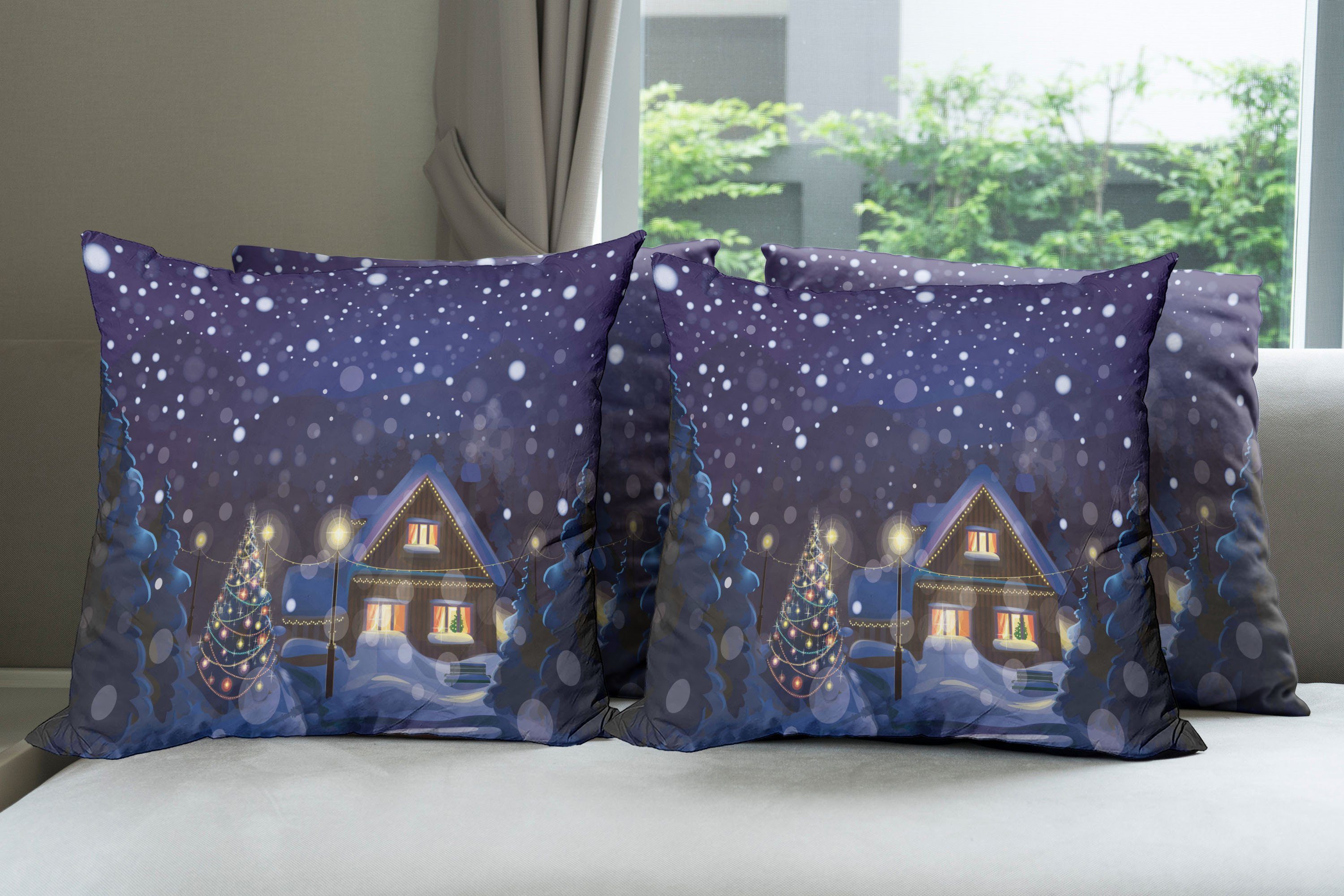 Kissenbezüge Modern Weihnachten Digitaldruck, Haus (4 Stück), Abakuhaus Doppelseitiger Winter-Nacht Accent