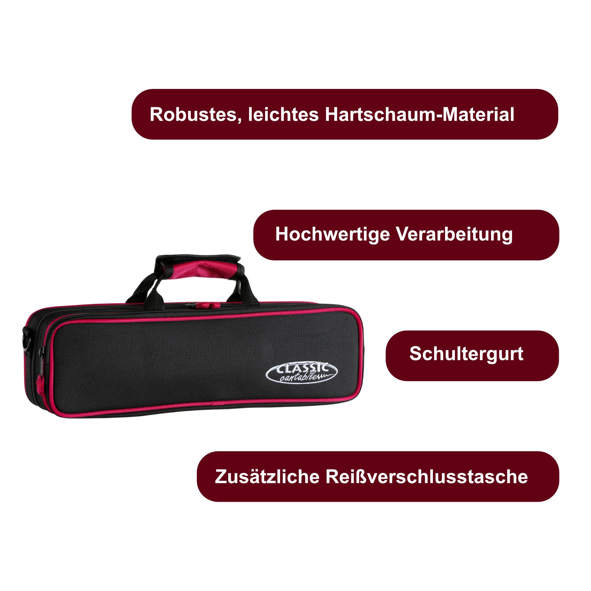 Classic Cantabile Querflöte Leichtkoffer für Querflöte - Stabiles, kompaktes Lightcase, Robuster Flötenkoffer mit Thermomaterial für optimalen Schutz