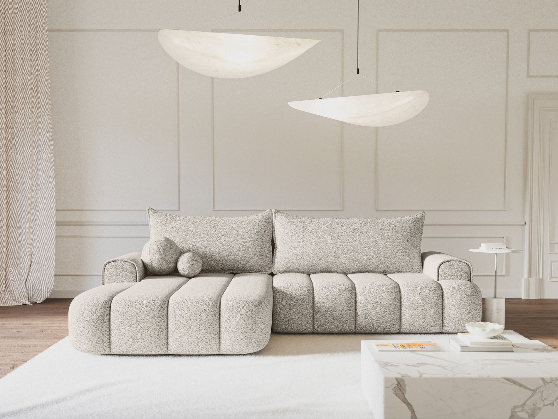 Selsey Ecksofa DANDELINO, Schlafsofa mit Bettkasten, Bezug wahlweise in Bouclé oder Samt, 275 cm