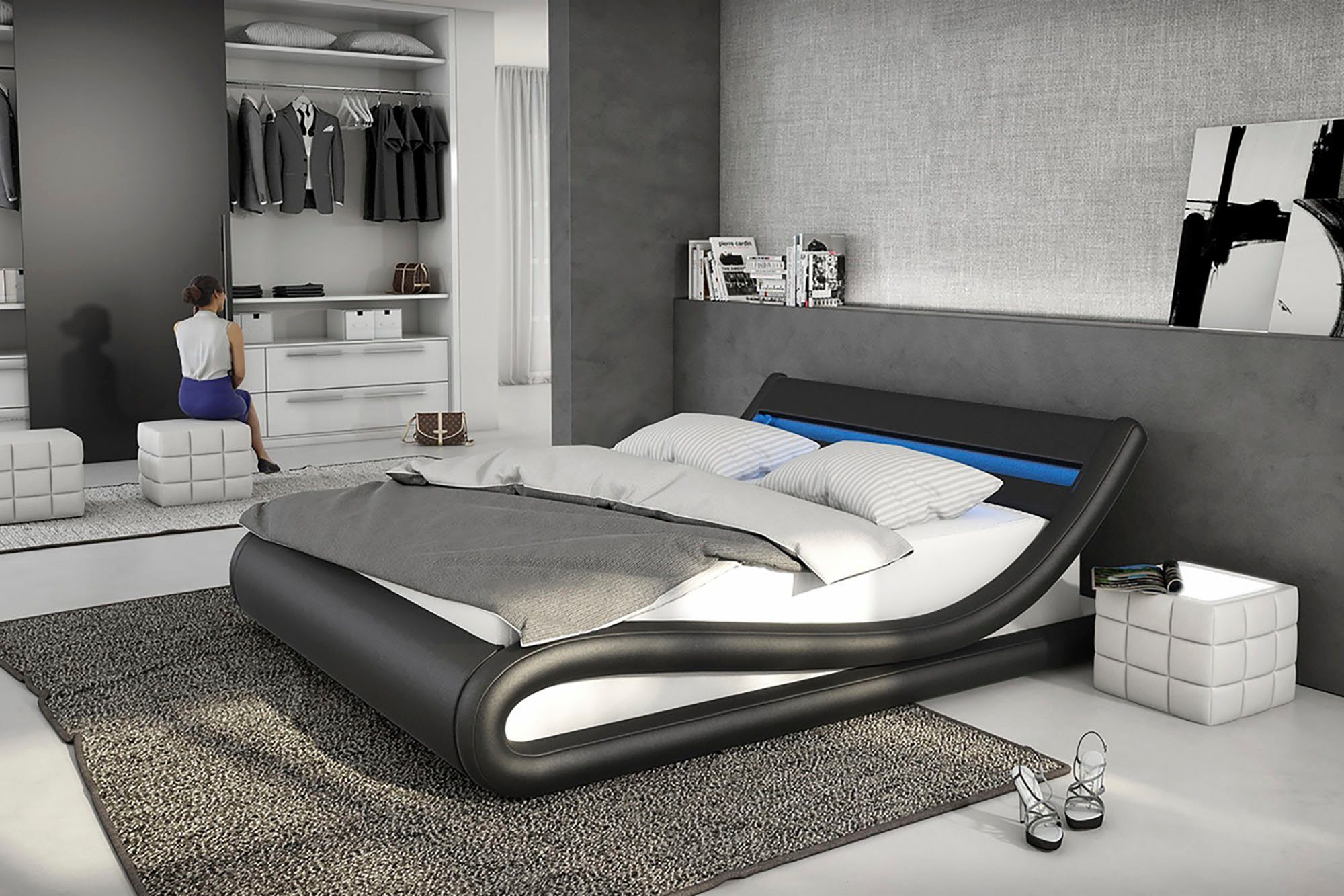 SalesFever Polsterbett, mit LED-Beleuchtung, Kunstleder, Design Bett in moderner Form