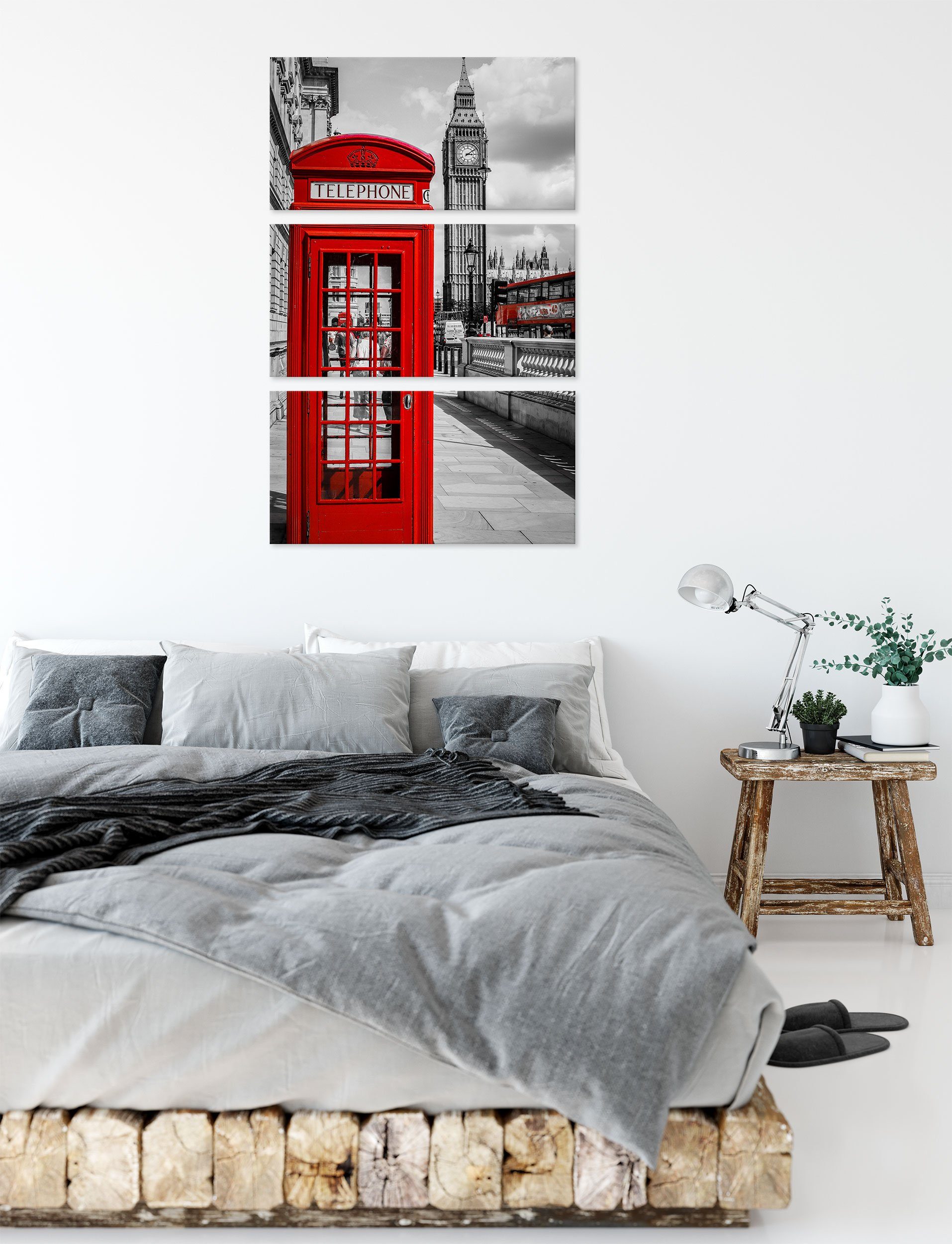 (1 Pixxprint Telefonzelle London St), (120x80cm) inkl. 3Teiler fertig bespannt, Leinwandbild Zackenaufhänger London, Telefonzelle Leinwandbild