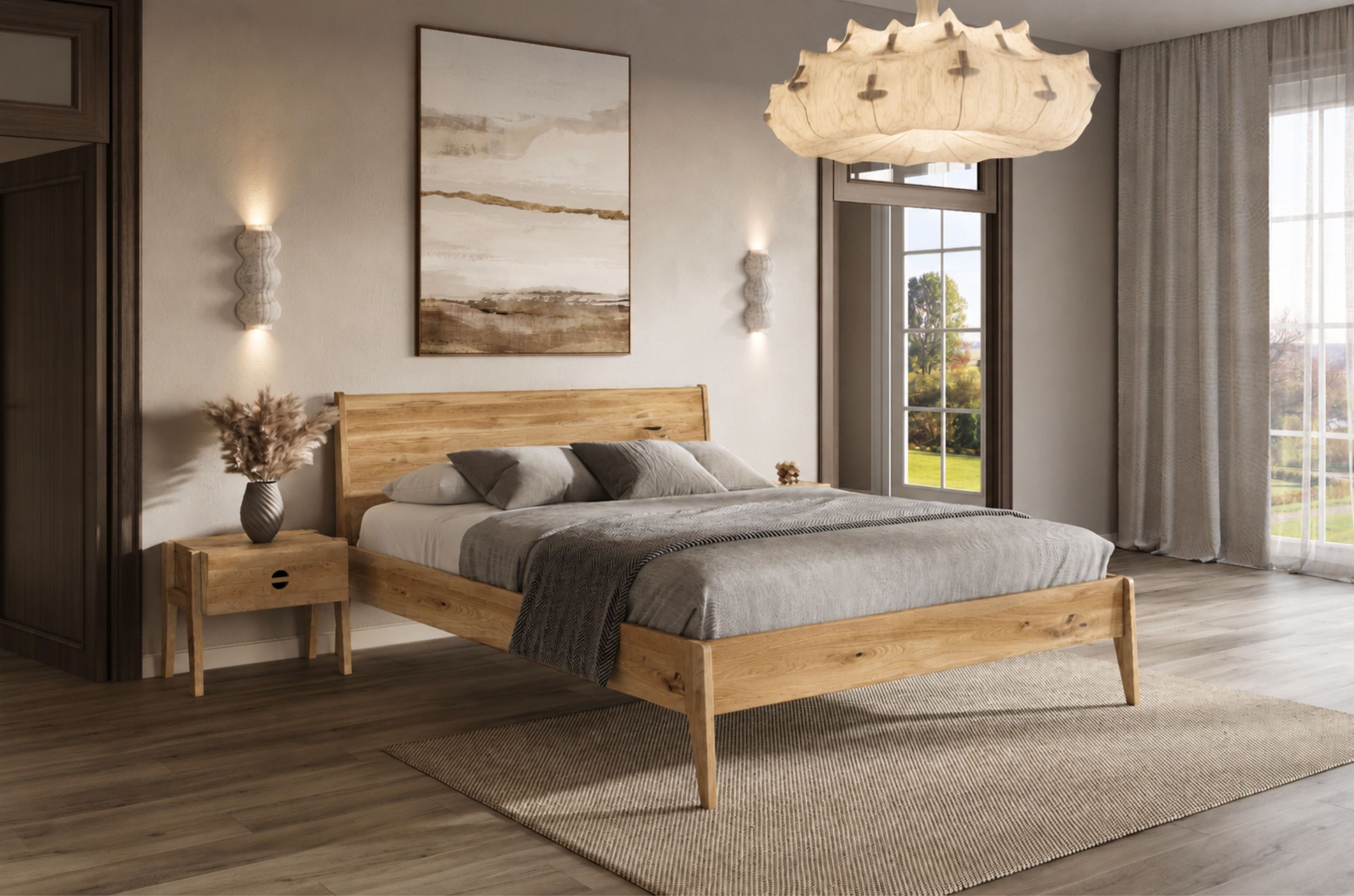 Visby Holzbett Radom (Eichenbett – hohes Bett im skandinavischen Stil), 140/200, Eiche - lackiert, Naturfarbe