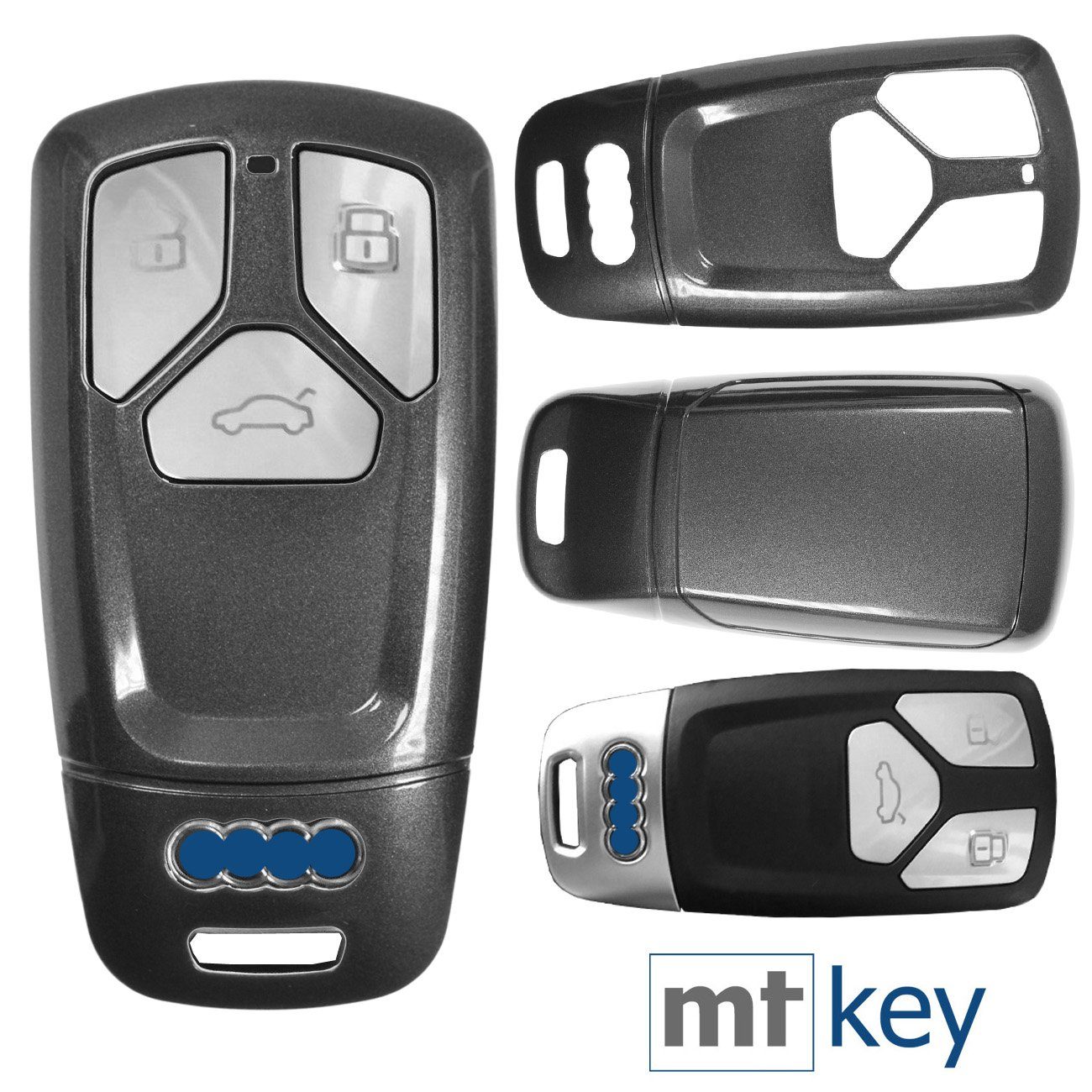 mt-key Schlüsseltasche Autoschlüssel Hardcover Schutzhülle Metallic Grau, für Audi A4 A5 A6 A7 TT Q2 Q5 Q7 A8 Q8 KEYLESS SMARTKEY