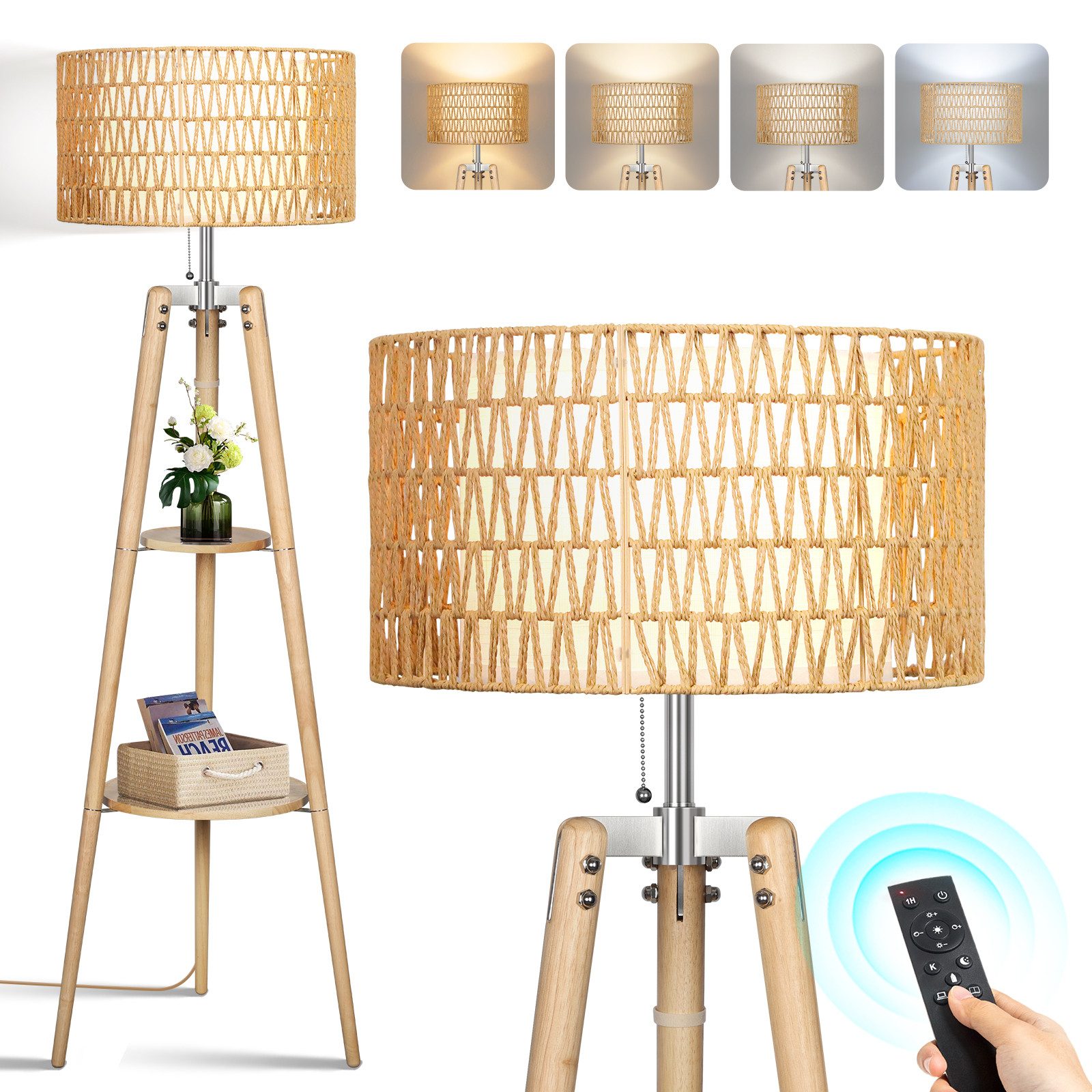OUTON LED Stehlampe Stehlampe Dimmbar Rattan Akazienholz 2 Ablageflächen Fernbedienung, LED wechselbar, mit doppeltem Schirm und intelligentem Licht